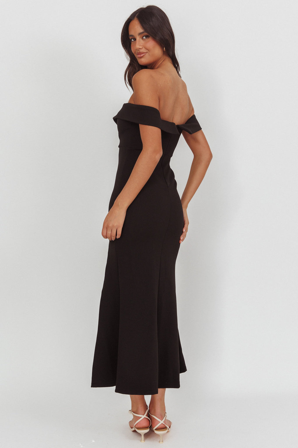 Rider Off-Shoulder Front Split Maxi Dress Black by Selfie Leslie Australia
