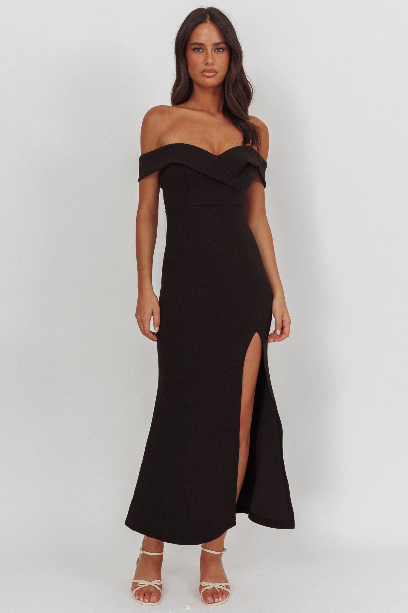 Rider Off-Shoulder Front Split Maxi Dress Black by Selfie Leslie Australia