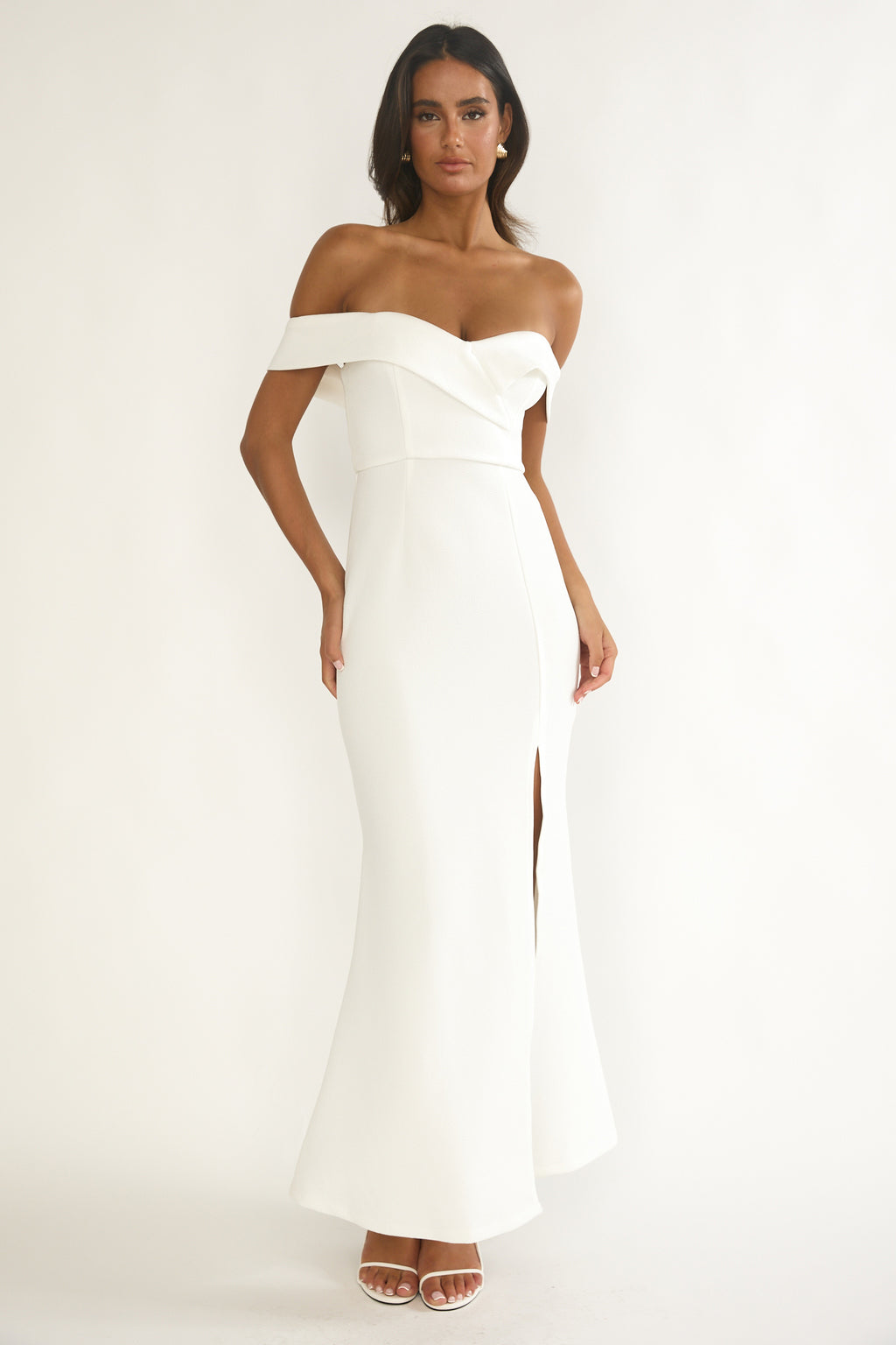 Rider Off-Shoulder Front Split Maxi Dress White by Selfie Leslie Australia