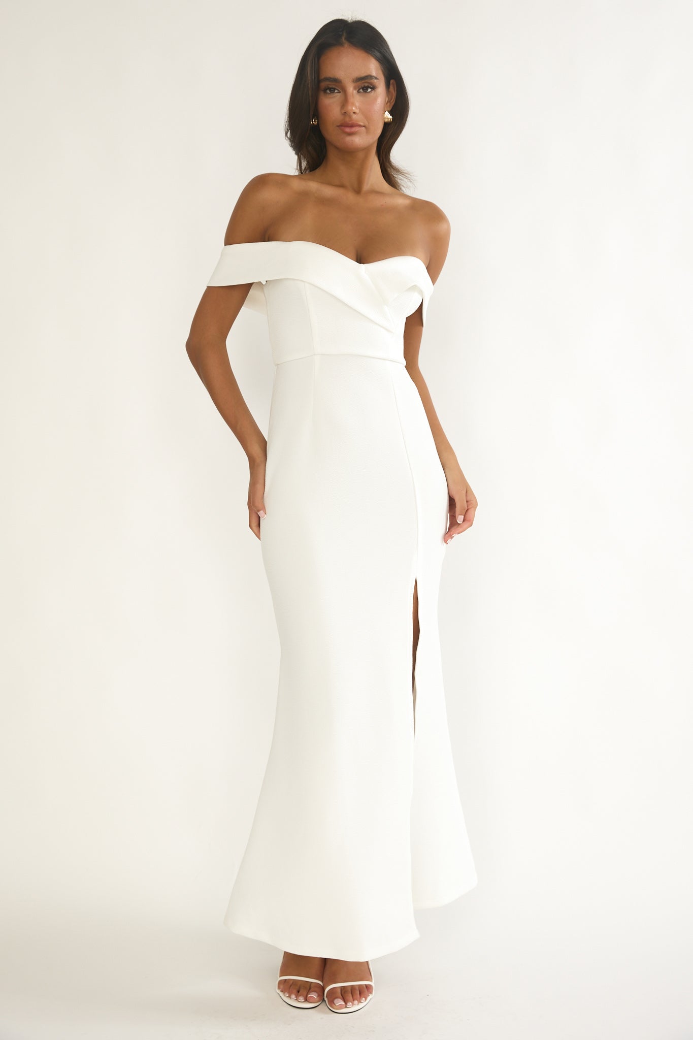 Rider Off-Shoulder Front Split Maxi Dress White by Selfie Leslie Australia