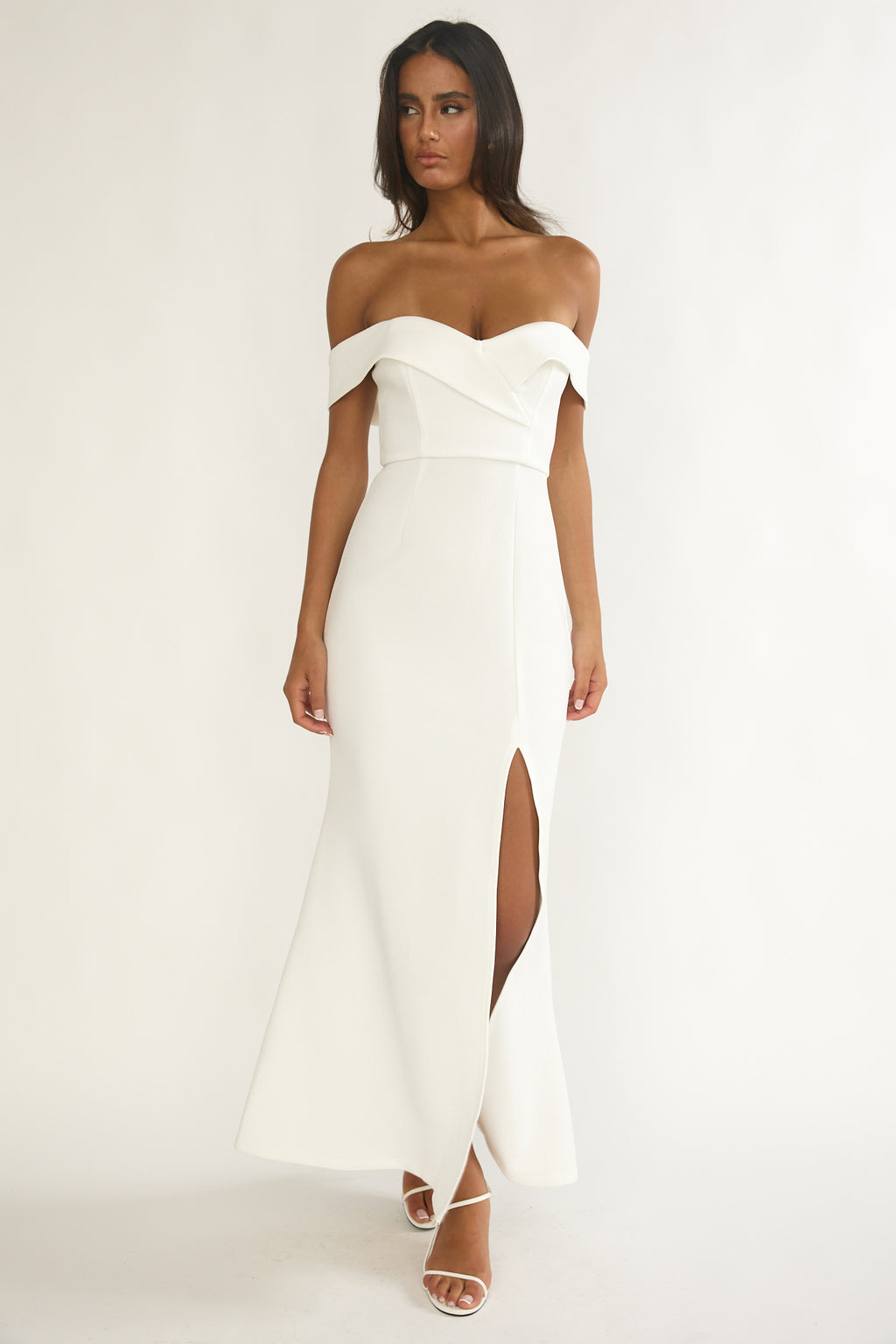 Rider Off-Shoulder Front Split Maxi Dress White by Selfie Leslie Australia
