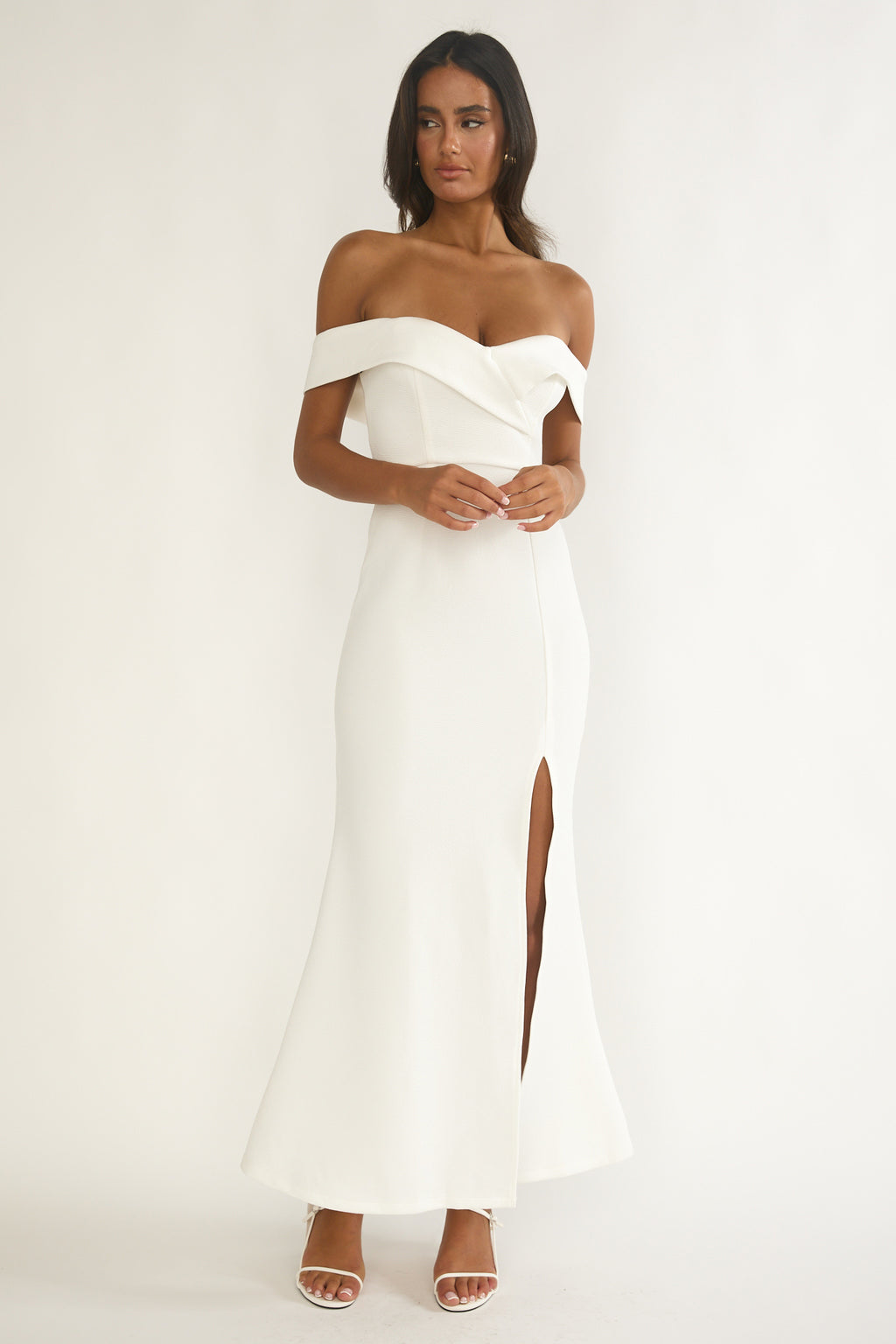 Rider Off-Shoulder Front Split Maxi Dress White by Selfie Leslie Australia