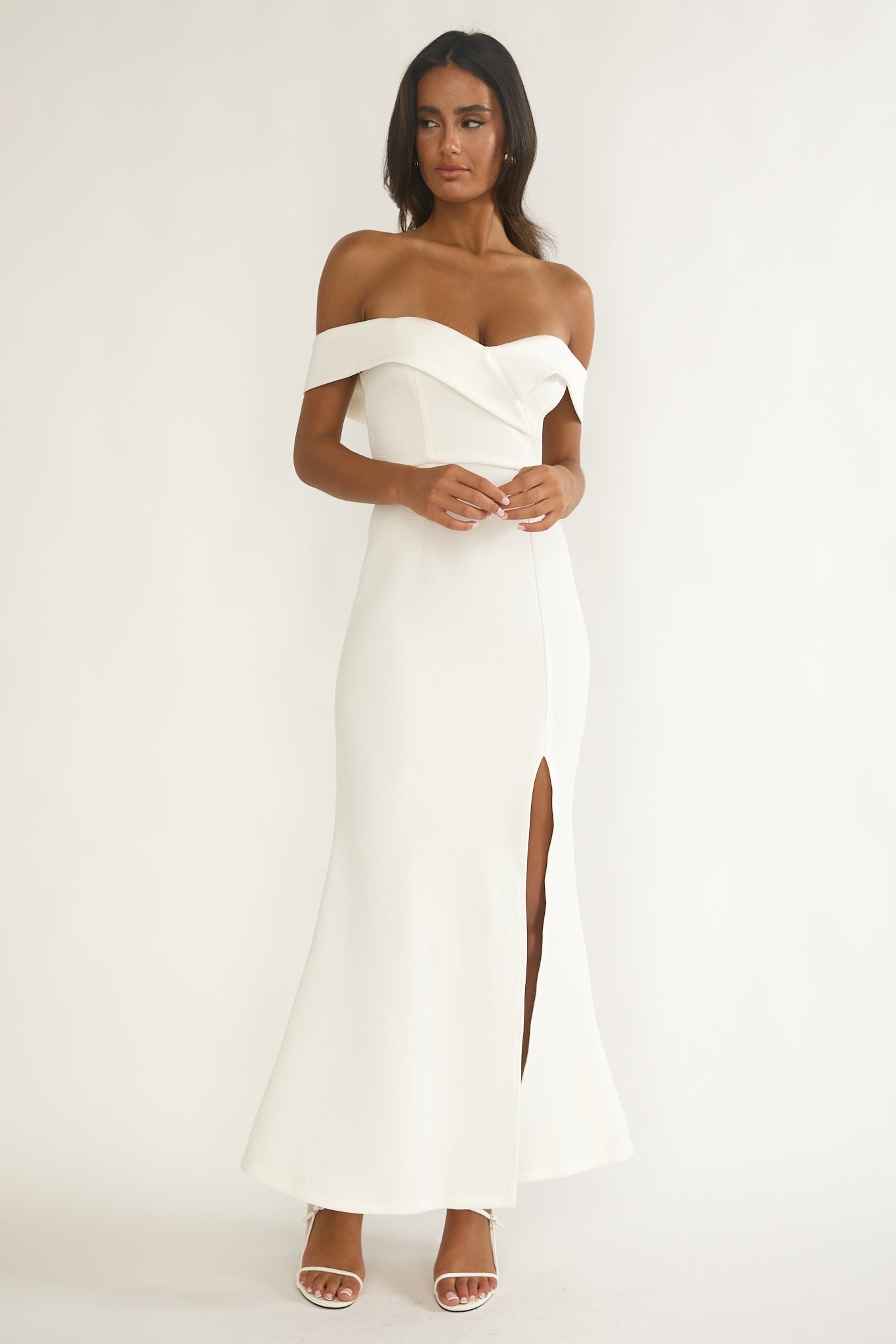 Rider Off-Shoulder Front Split Maxi Dress White by Selfie Leslie Australia