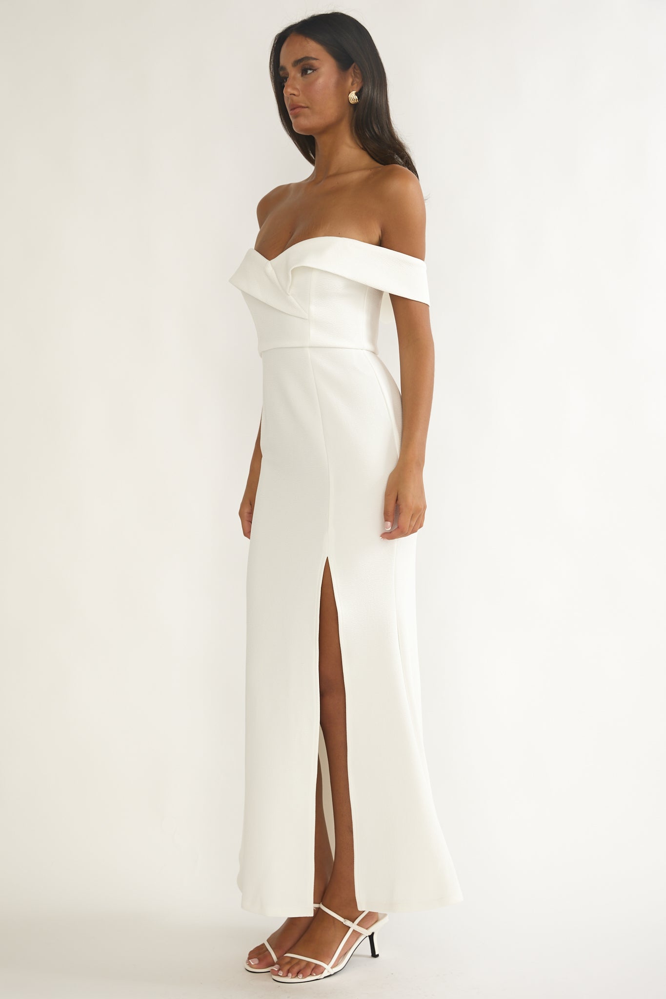 Rider Off-Shoulder Front Split Maxi Dress White by Selfie Leslie Australia