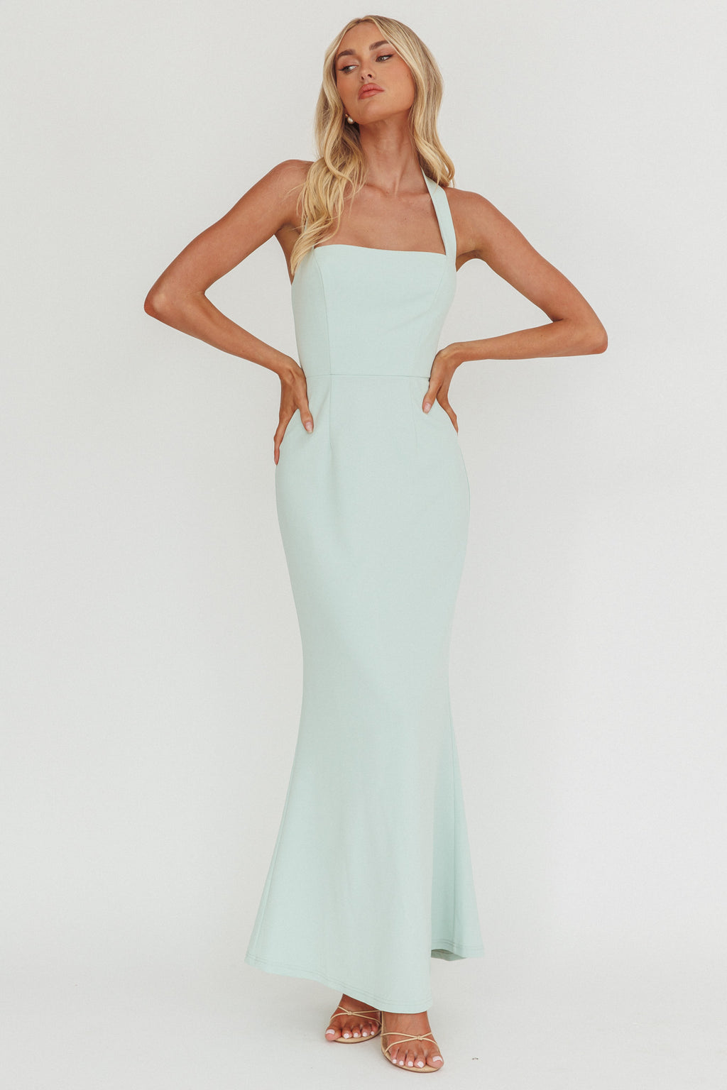Shellie Square Neckline Halter Maxi Dress Ice Blue by Selfie Leslie Australia