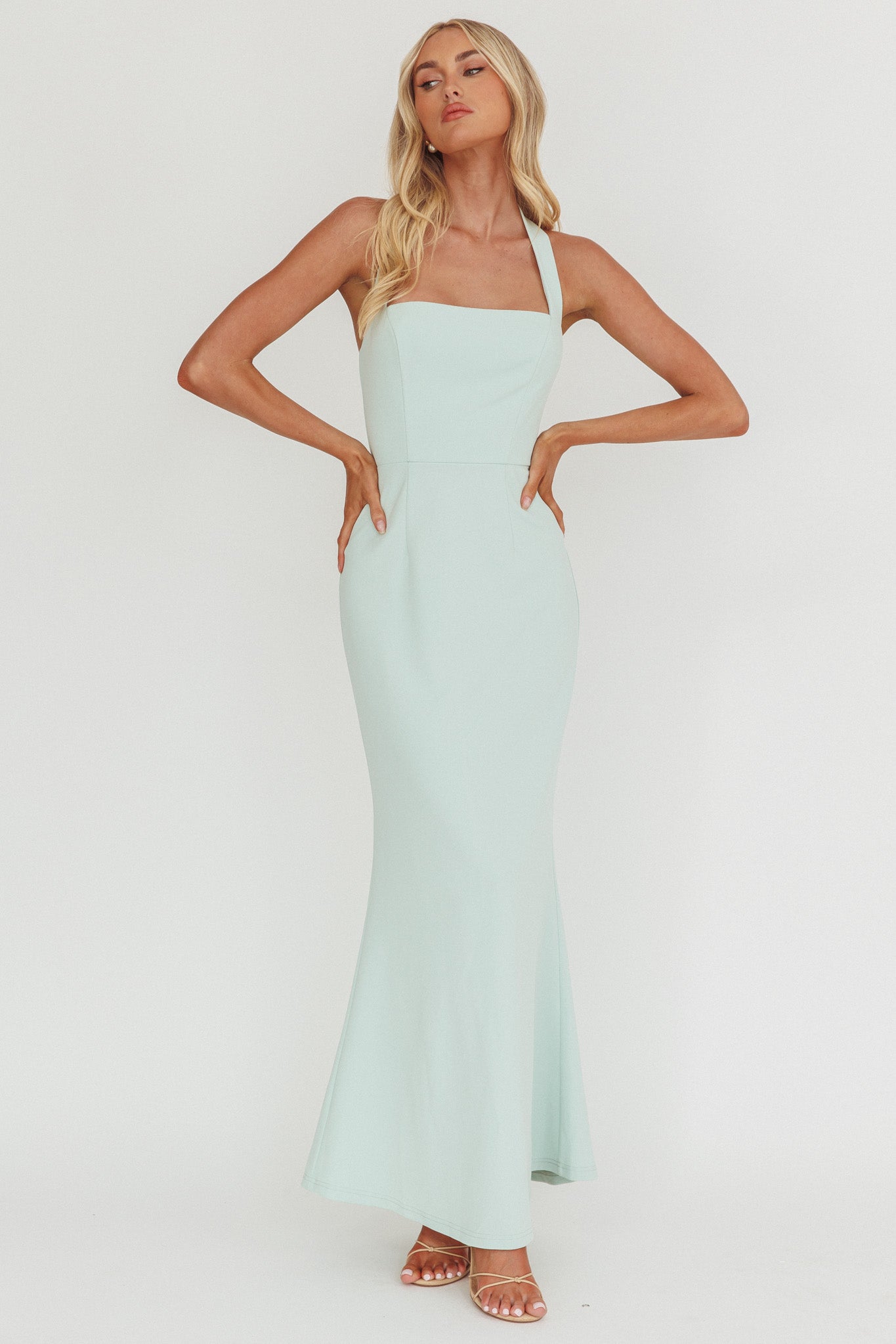 Shellie Square Neckline Halter Maxi Dress Ice Blue by Selfie Leslie Australia