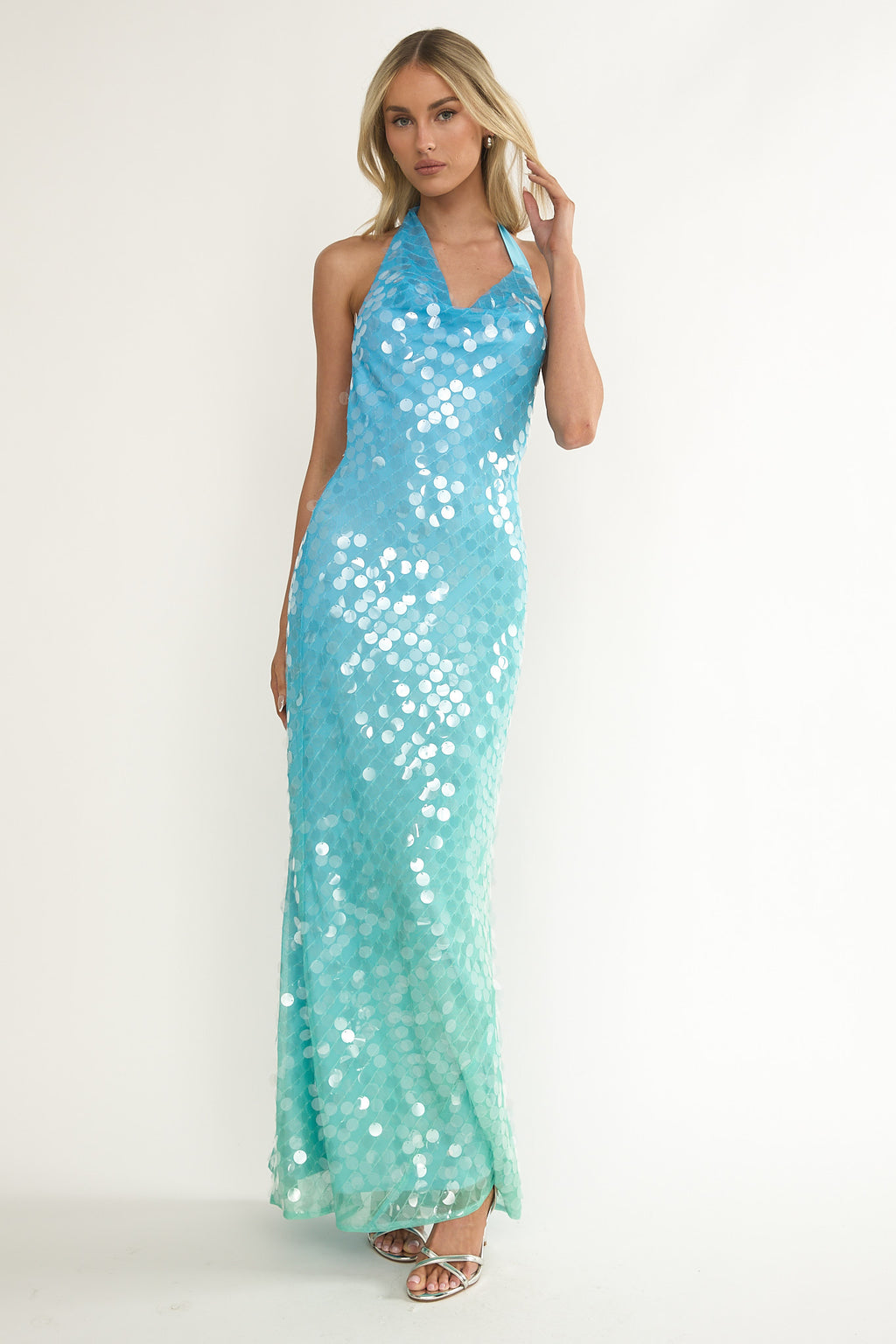 Kirralee Asymmetric Halterneck Sequin Maxi Dress Blue Multi by Selfie Leslie Australia