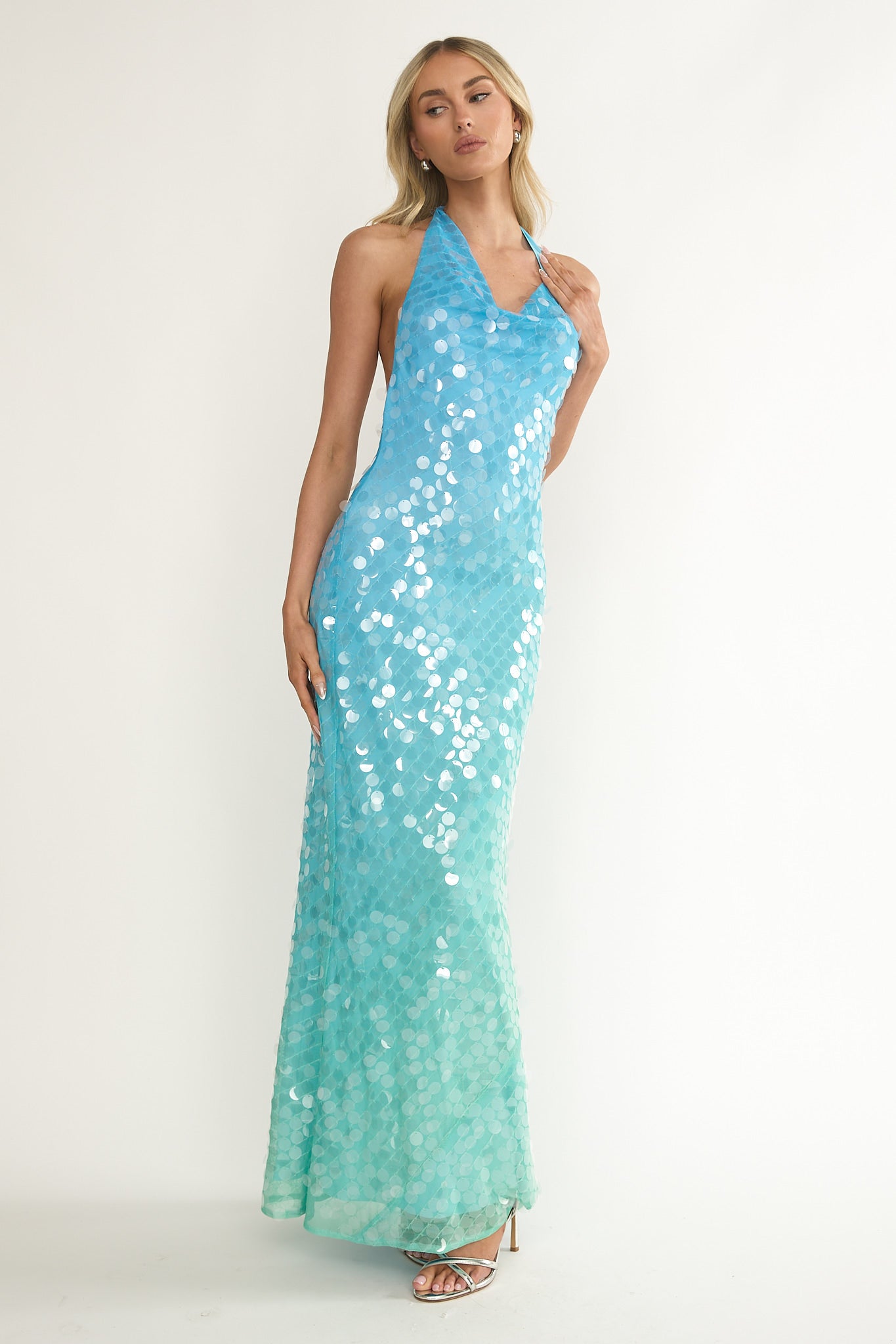 Kirralee Asymmetric Halterneck Sequin Maxi Dress Blue Multi by Selfie Leslie Australia