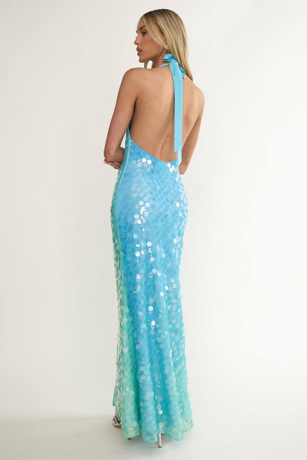 Kirralee Asymmetric Halterneck Sequin Maxi Dress Blue Multi by Selfie Leslie Australia