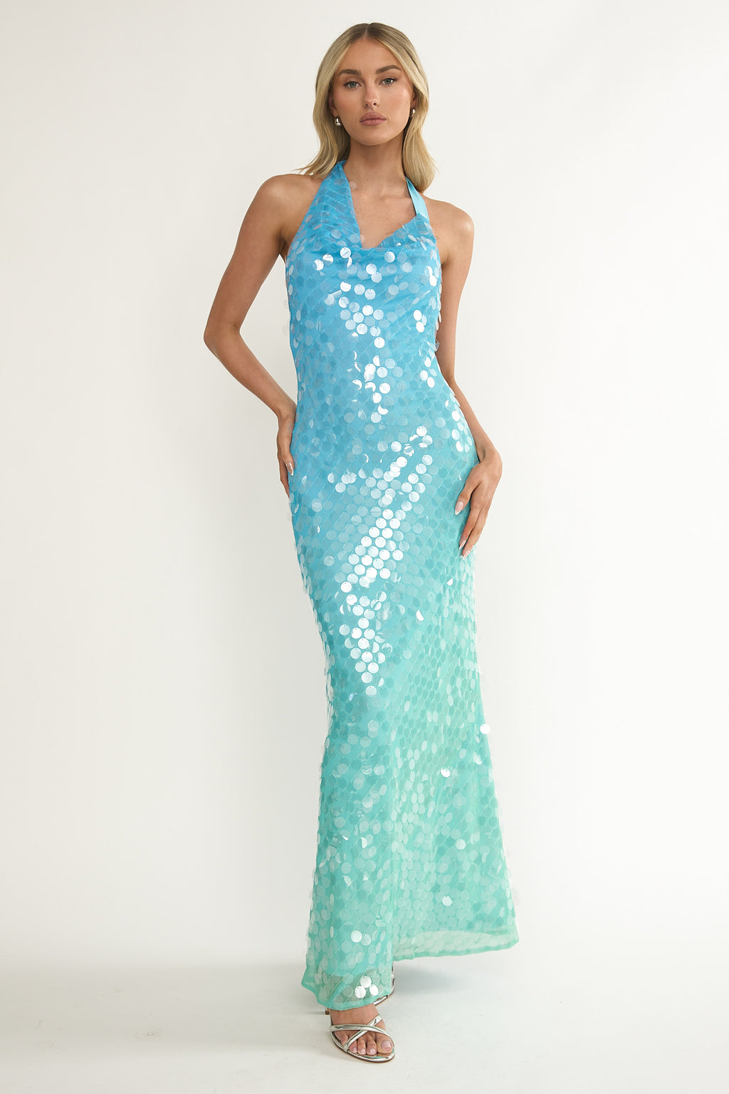 Kirralee Asymmetric Halterneck Sequin Maxi Dress Blue Multi by Selfie Leslie Australia