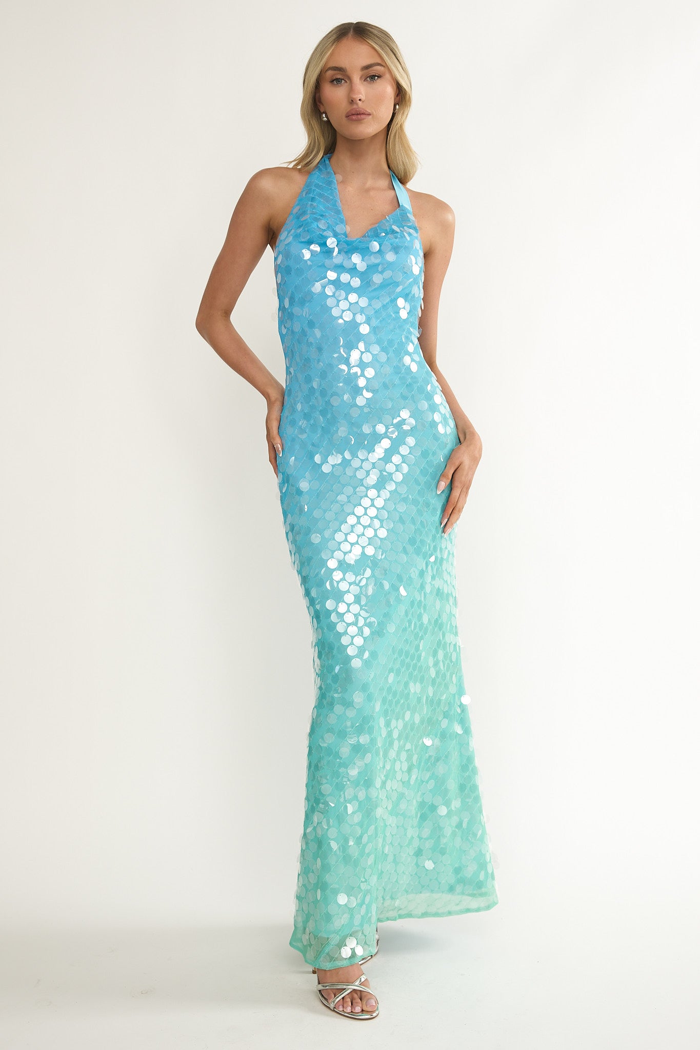 Kirralee Asymmetric Halterneck Sequin Maxi Dress Blue Multi by Selfie Leslie Australia