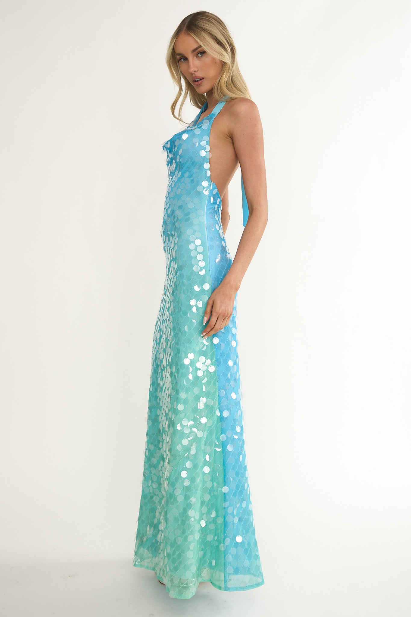 Kirralee Asymmetric Halterneck Sequin Maxi Dress Blue Multi by Selfie Leslie Australia