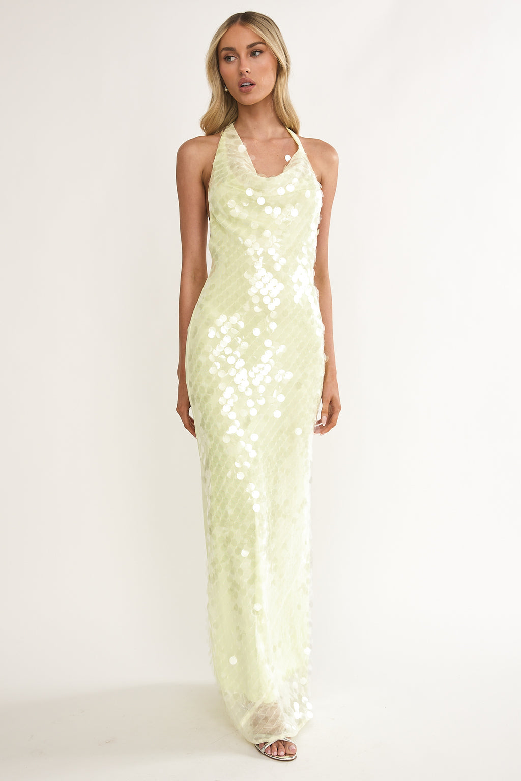 Kirralee Asymmetric Halterneck Sequin Maxi Dress Butter by Selfie Leslie Australia