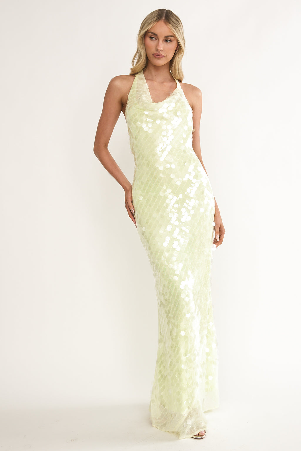 Kirralee Asymmetric Halterneck Sequin Maxi Dress Butter by Selfie Leslie Australia