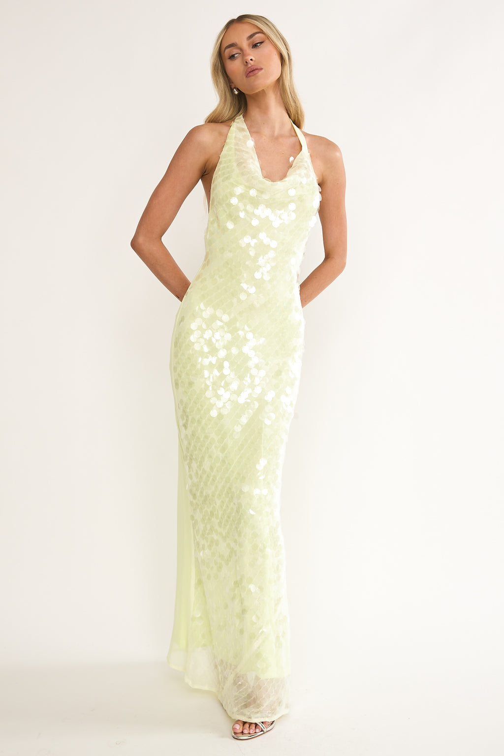 Kirralee Asymmetric Halterneck Sequin Maxi Dress Butter by Selfie Leslie Australia