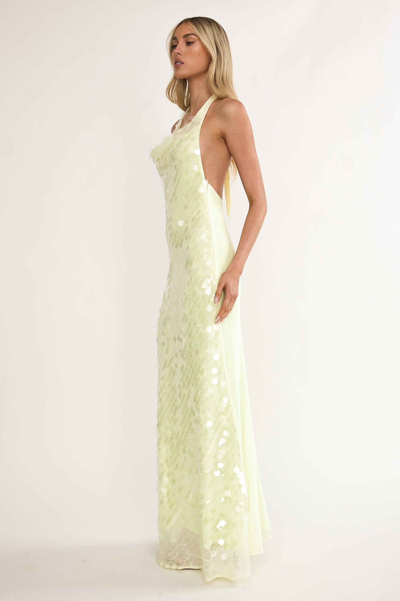 Kirralee Asymmetric Halterneck Sequin Maxi Dress Butter by Selfie Leslie Australia