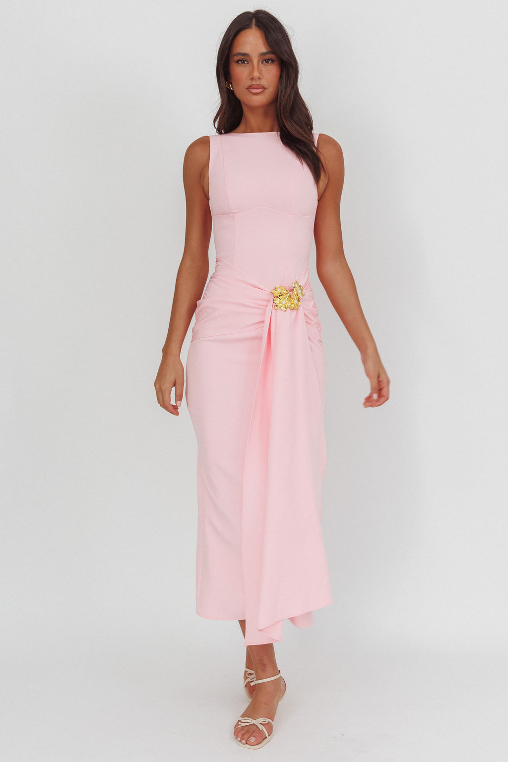 Zimora Gold Buckle Waist Drape Maxi Dress Pink by Selfie Leslie Australia