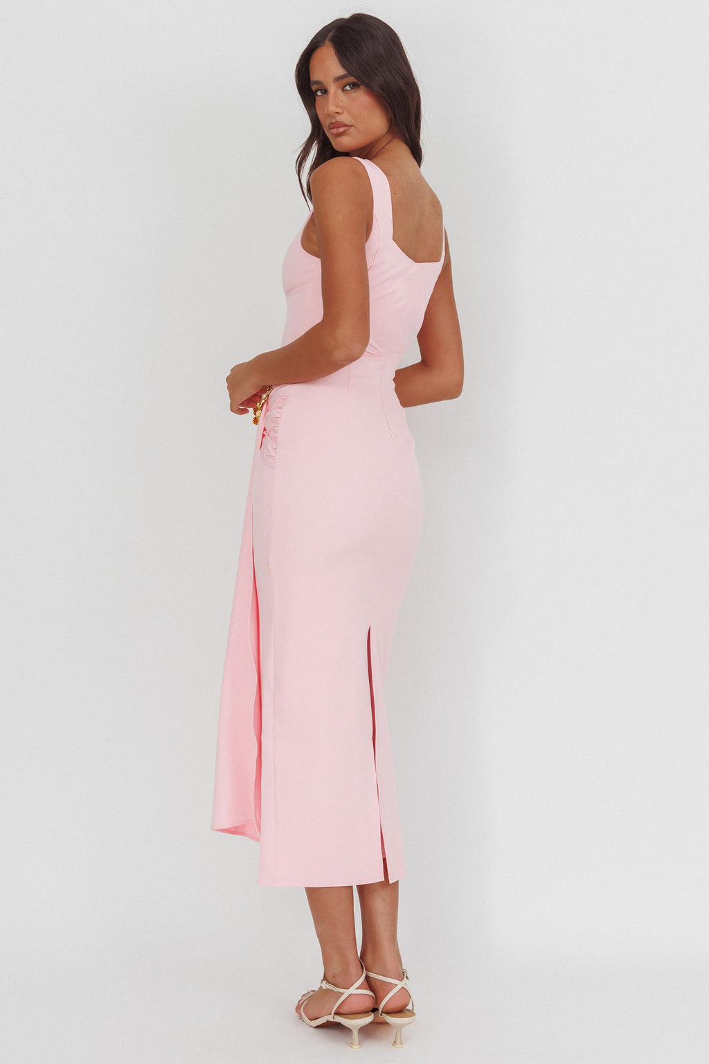 Zimora Gold Buckle Waist Drape Maxi Dress Pink by Selfie Leslie Australia