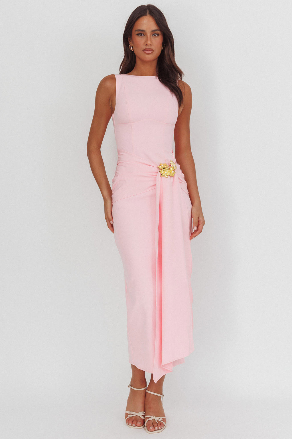 Zimora Gold Buckle Waist Drape Maxi Dress Pink by Selfie Leslie Australia