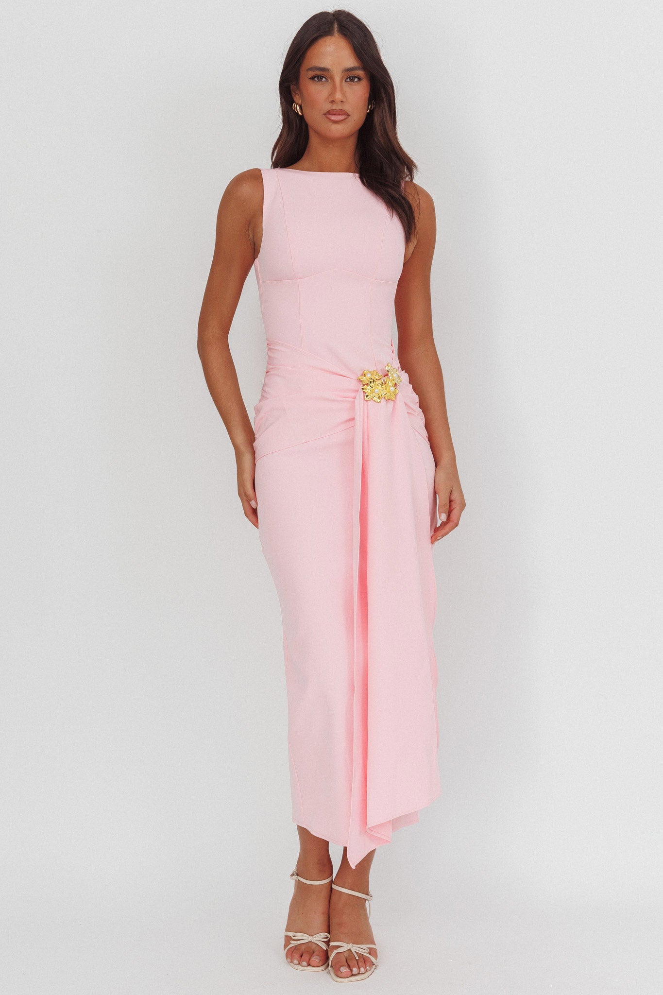 Zimora Gold Buckle Waist Drape Maxi Dress Pink by Selfie Leslie Australia