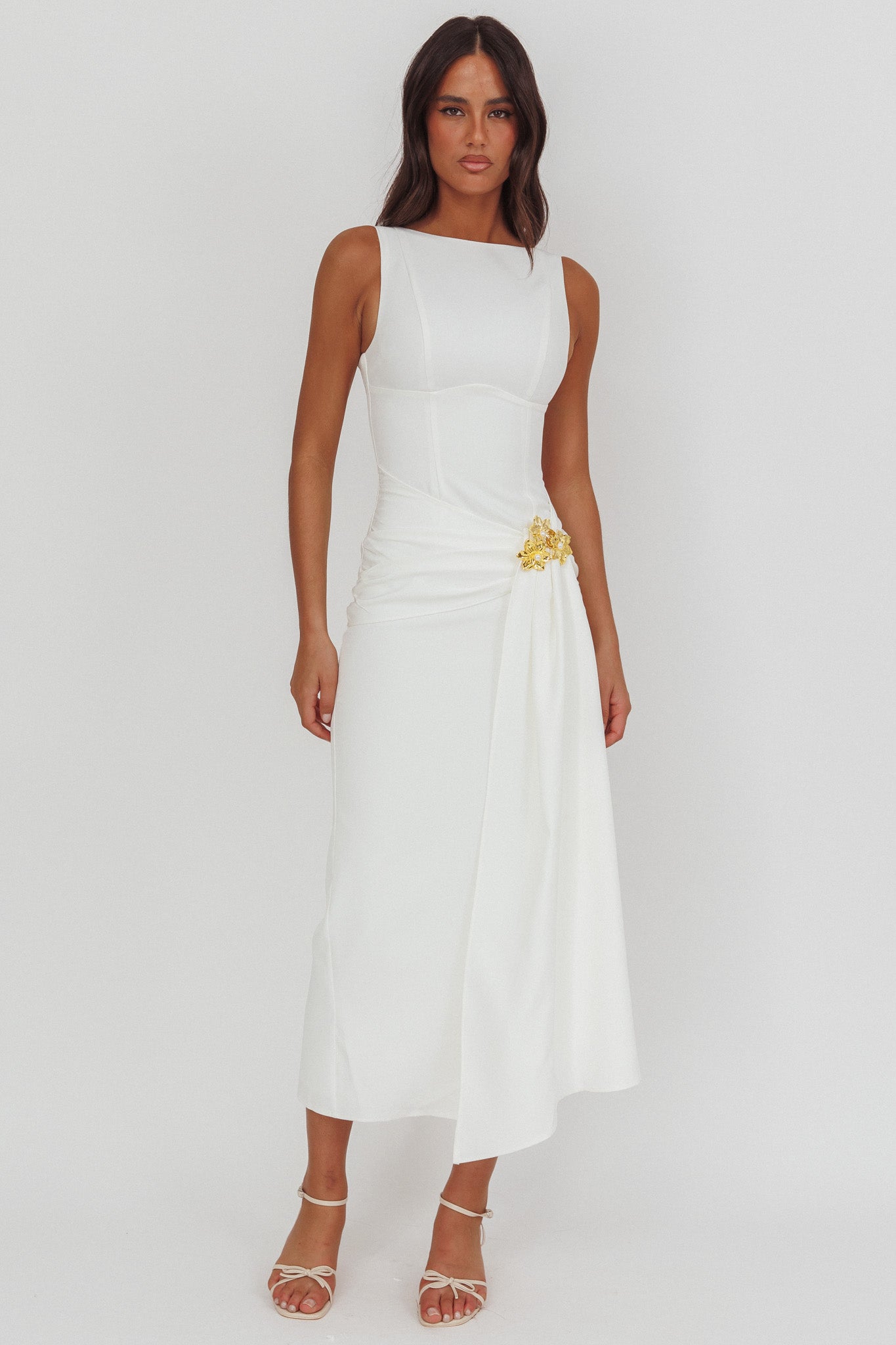 Zimora Gold Buckle Waist Drape Maxi Dress White by Selfie Leslie Australia