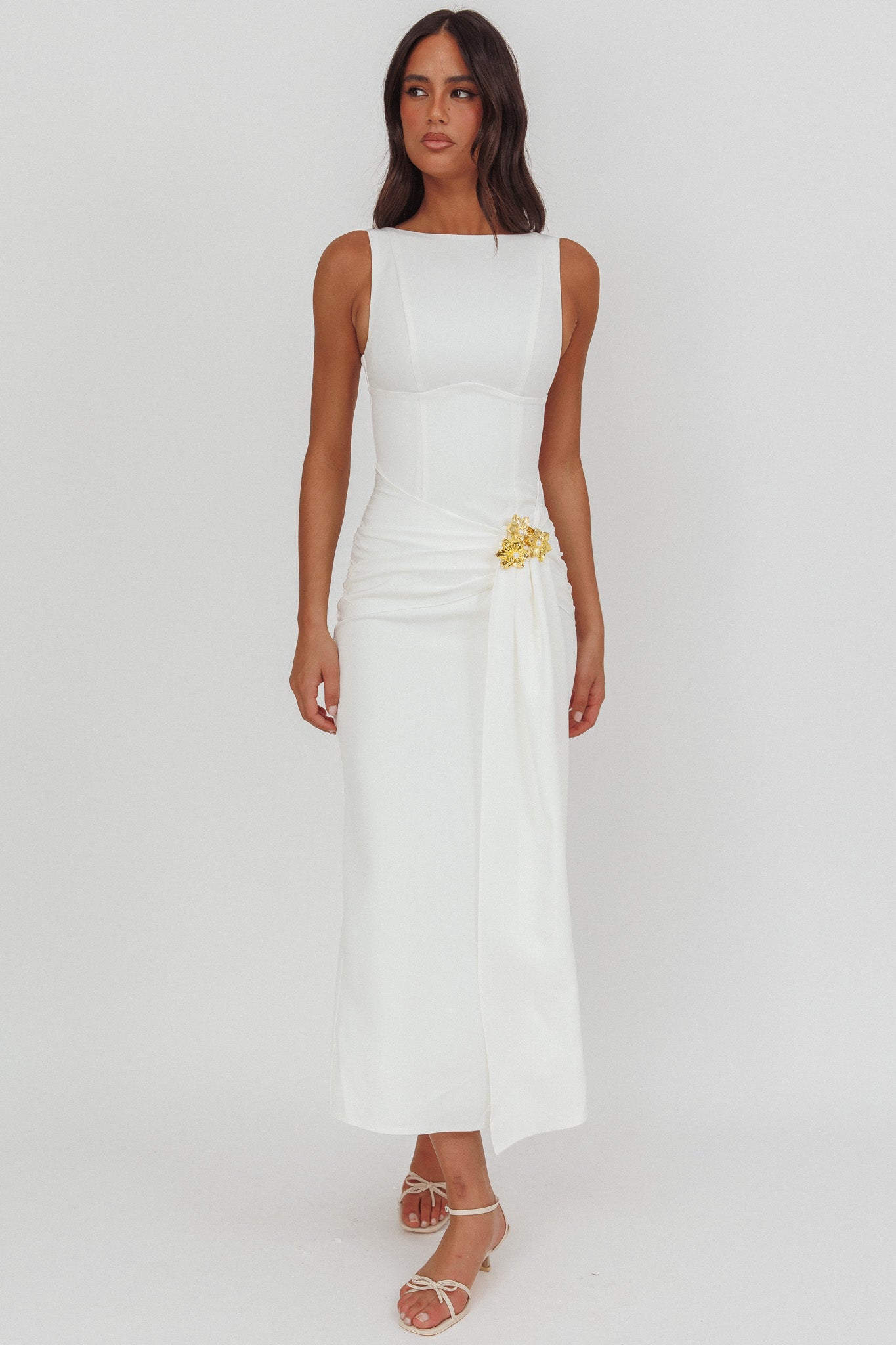 Zimora Gold Buckle Waist Drape Maxi Dress White by Selfie Leslie Australia