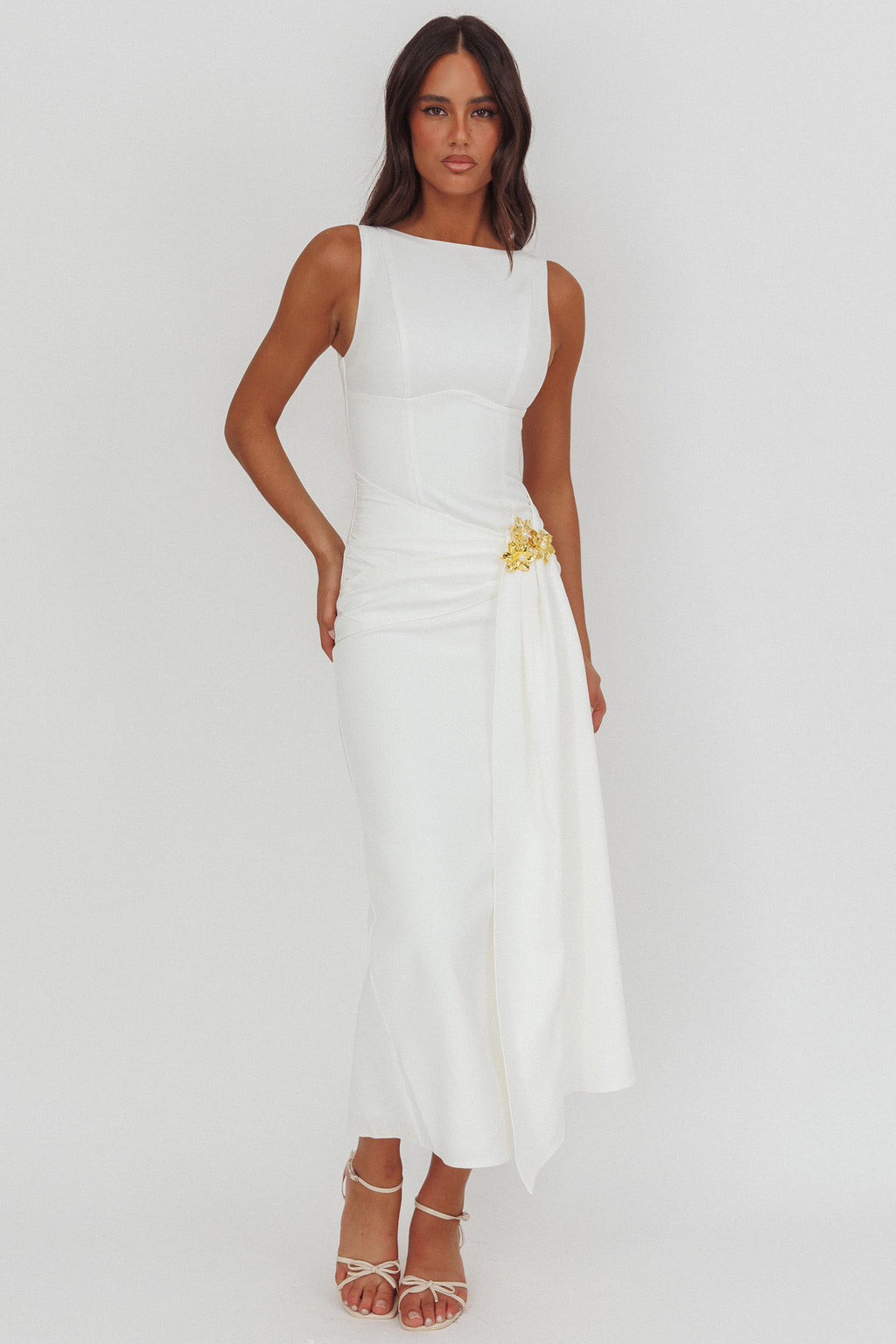 Zimora Gold Buckle Waist Drape Maxi Dress White by Selfie Leslie Australia