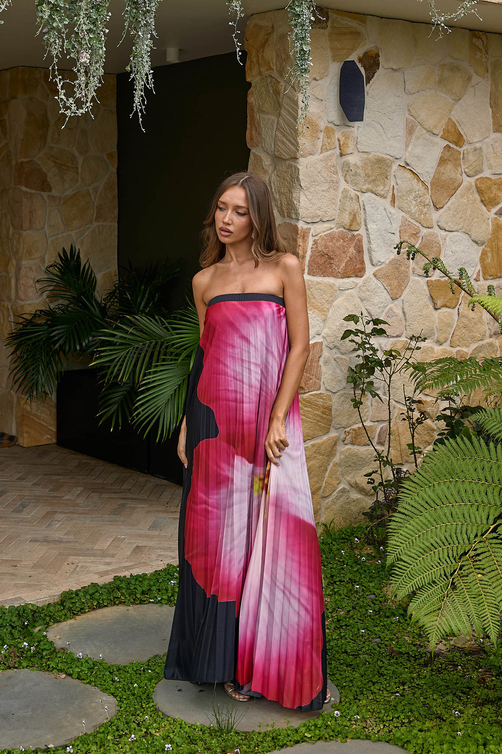 Lauriella Strapless Accordion Pleat Maxi Dress Hibiscus Black by Selfie Leslie Australia