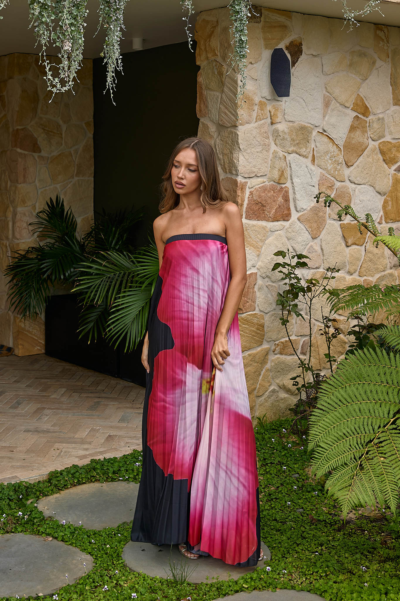 Lauriella Strapless Accordion Pleat Maxi Dress Hibiscus Black by Selfie Leslie Australia