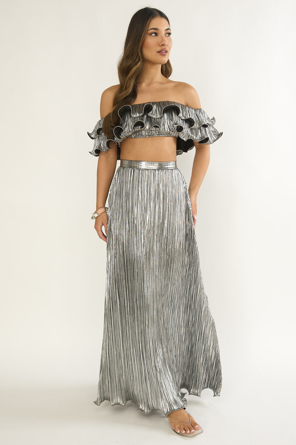 Amaria Lettuce Edge Maxi Skirt Silver by Selfie Leslie Australia