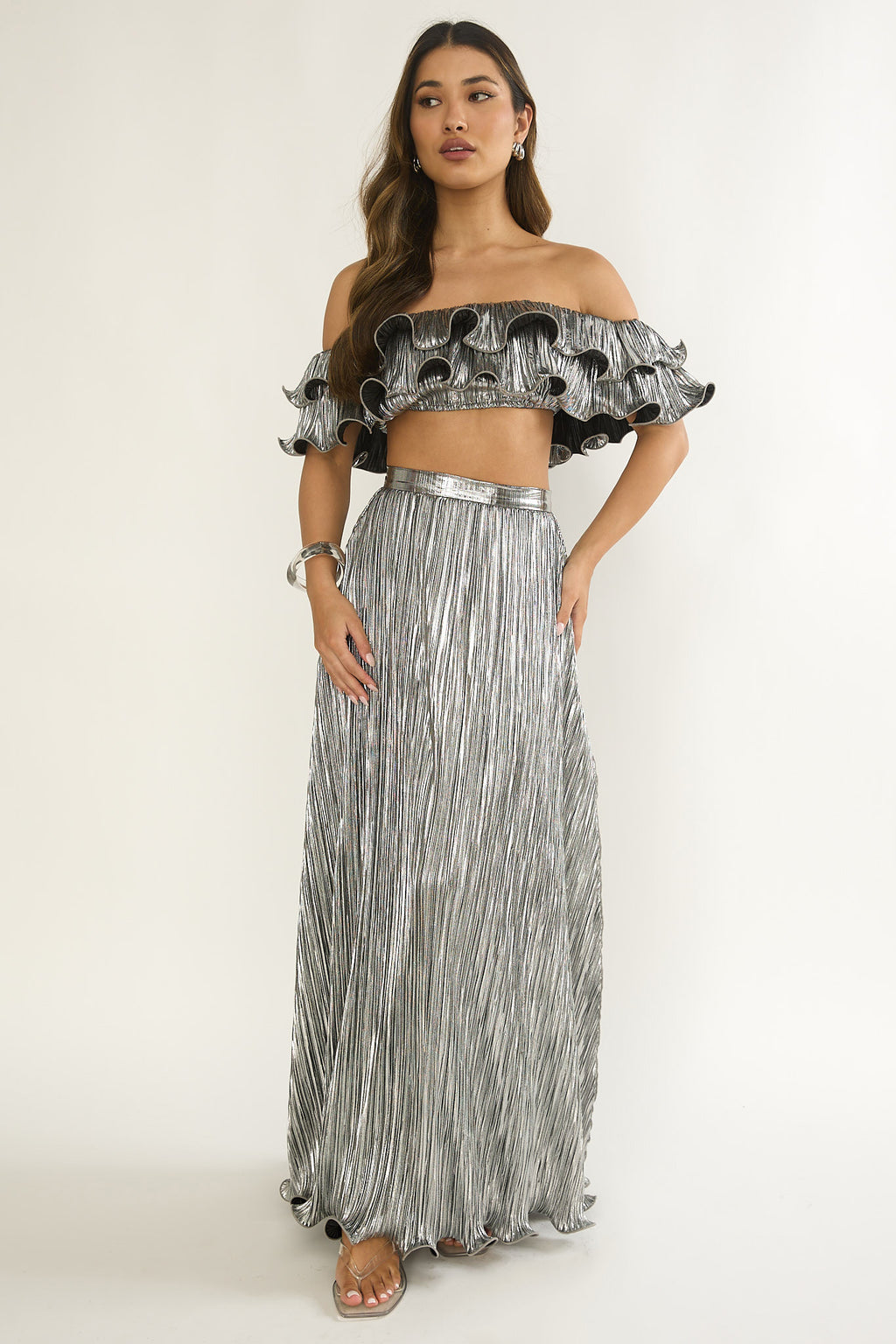 Amaria Lettuce Edge Maxi Skirt Silver by Selfie Leslie Australia