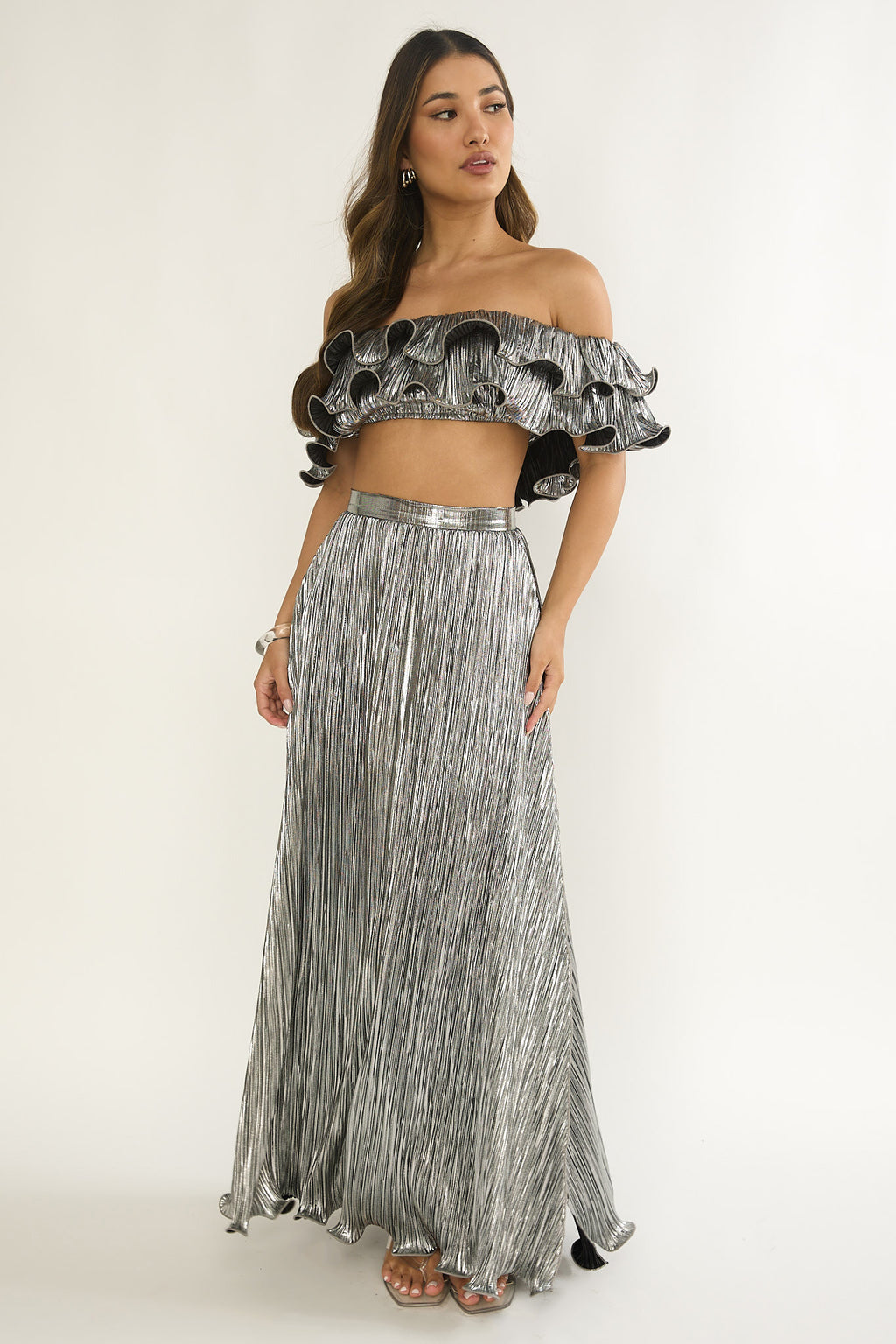 Amaria Lettuce Edge Maxi Skirt Silver by Selfie Leslie Australia