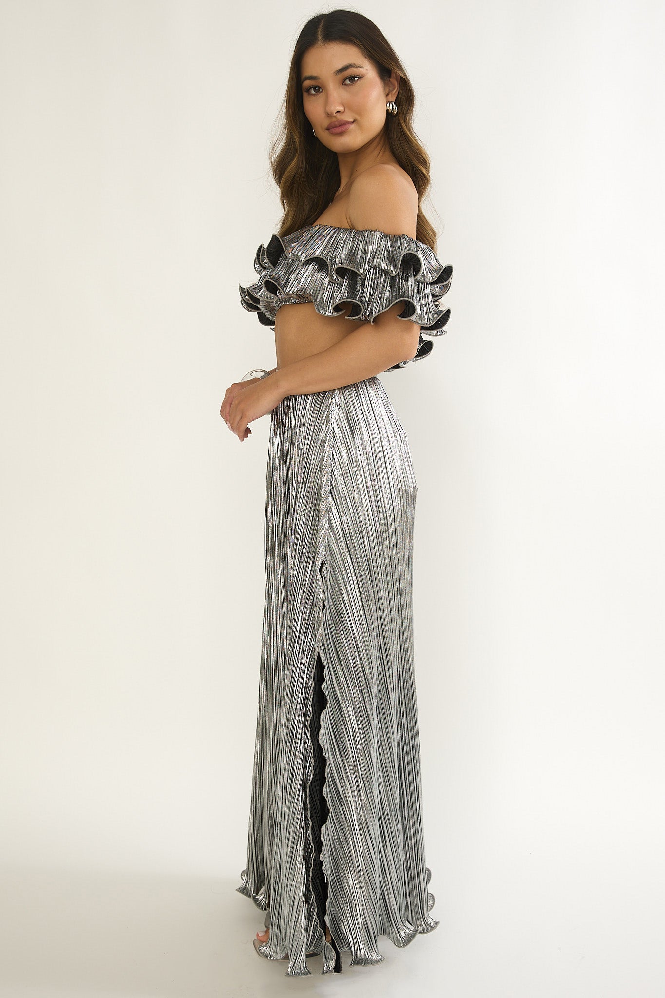 Amaria Lettuce Edge Maxi Skirt Silver by Selfie Leslie Australia