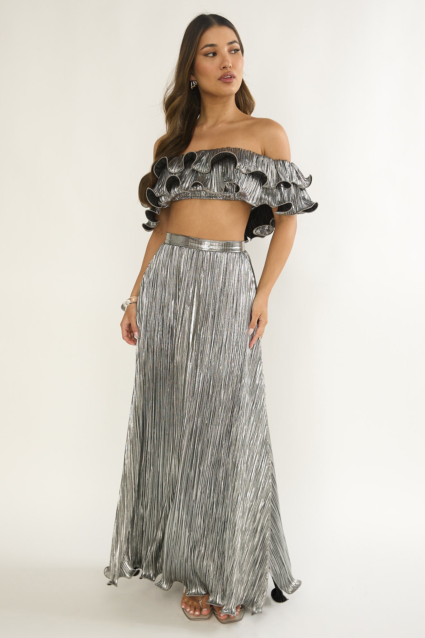 Amaria Off-Shoulder Lettuce Edge Crop Top Silver by Selfie Leslie Australia