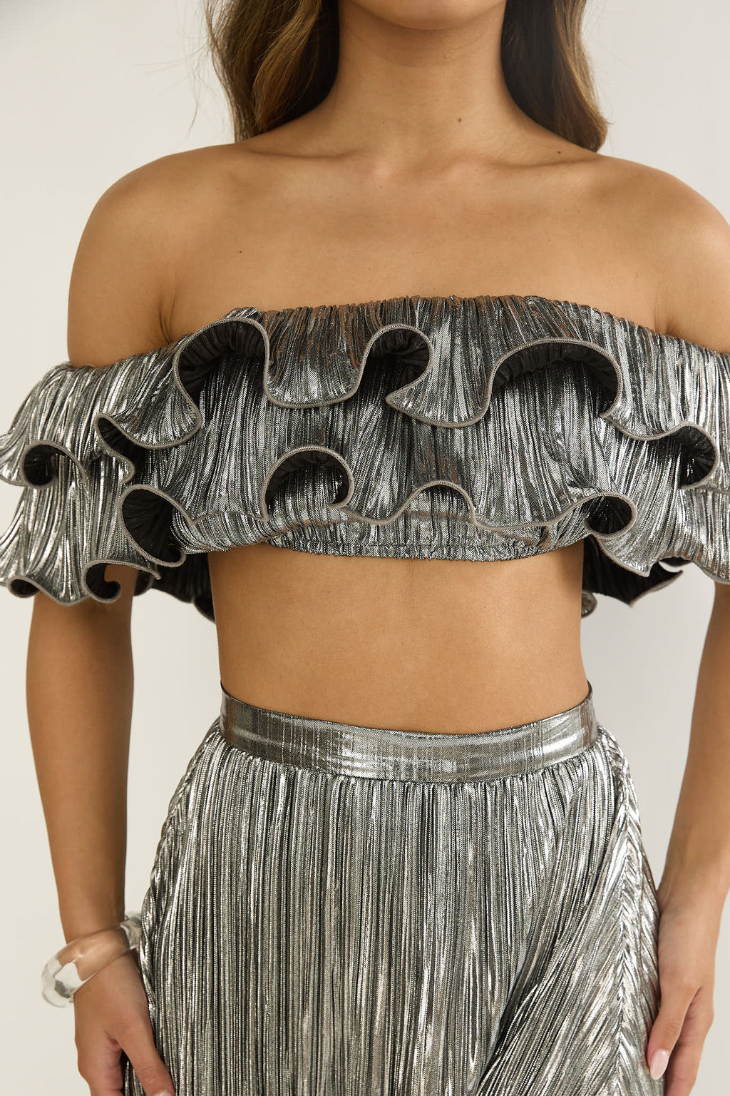 Amaria Off-Shoulder Lettuce Edge Crop Top Silver by Selfie Leslie Australia