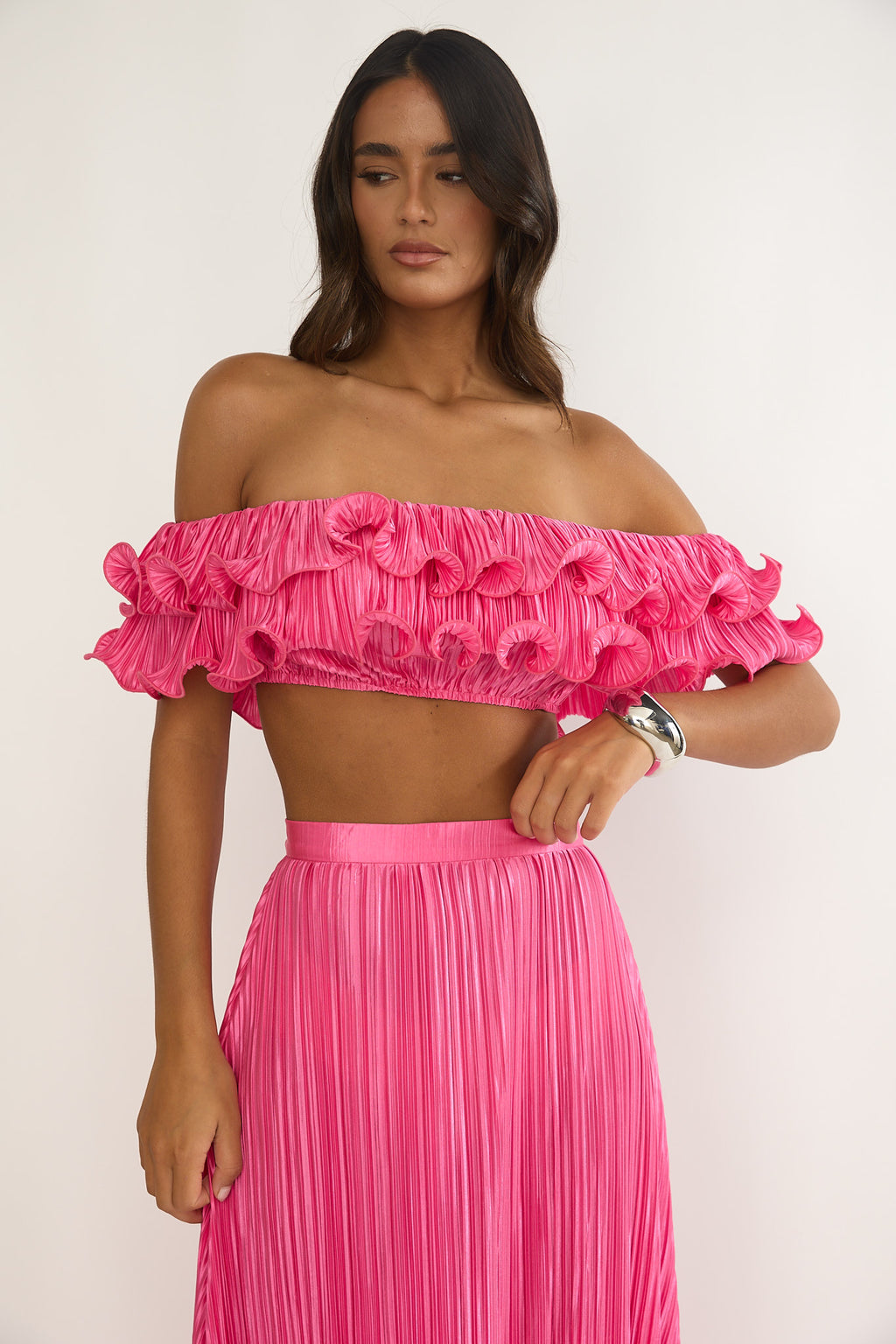Amaria Off-Shoulder Lettuce Edge Crop Top Hot Pink by Selfie Leslie Australia