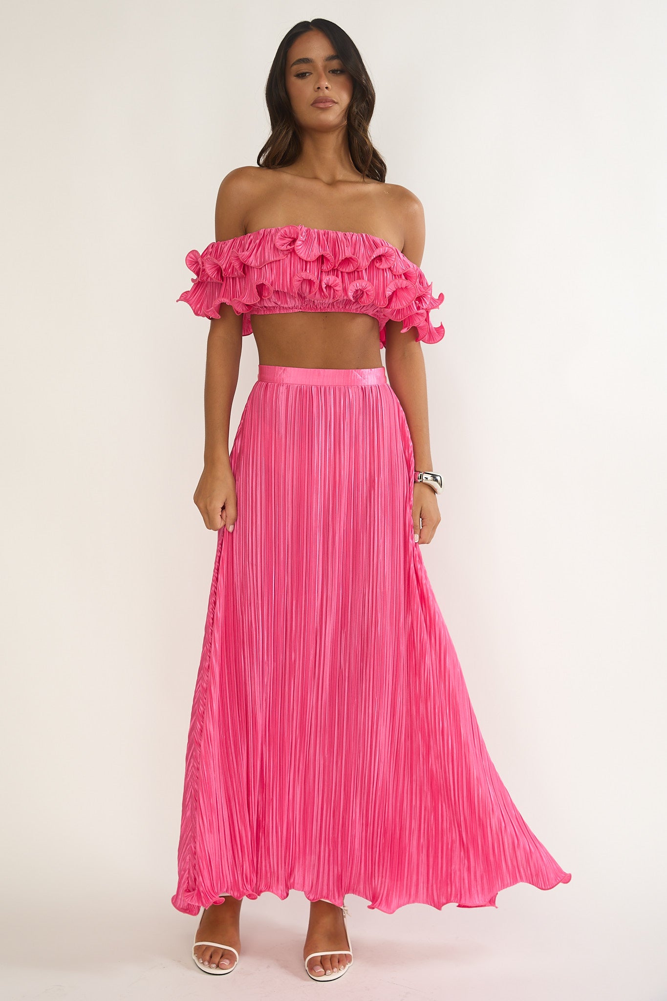 Amaria Off-Shoulder Lettuce Edge Crop Top Hot Pink by Selfie Leslie Australia