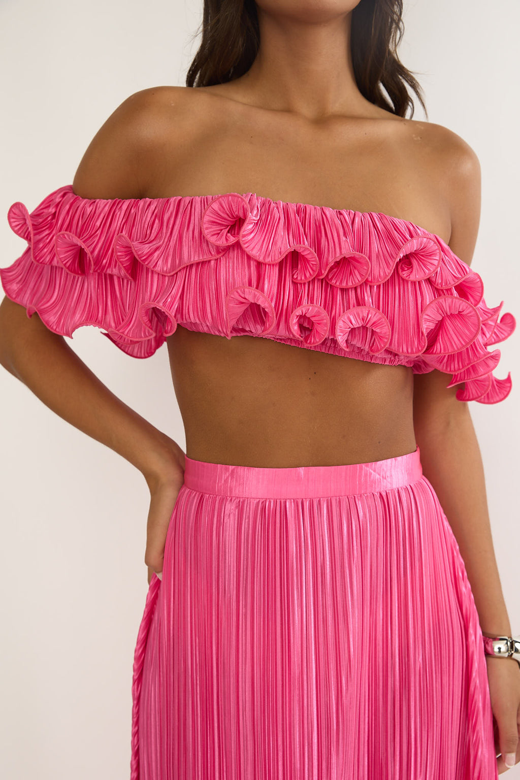 Amaria Off-Shoulder Lettuce Edge Crop Top Hot Pink by Selfie Leslie Australia