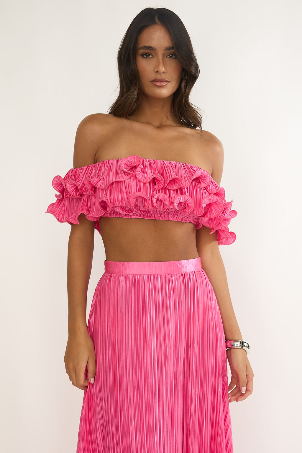 Amaria Off-Shoulder Lettuce Edge Crop Top Hot Pink by Selfie Leslie Australia