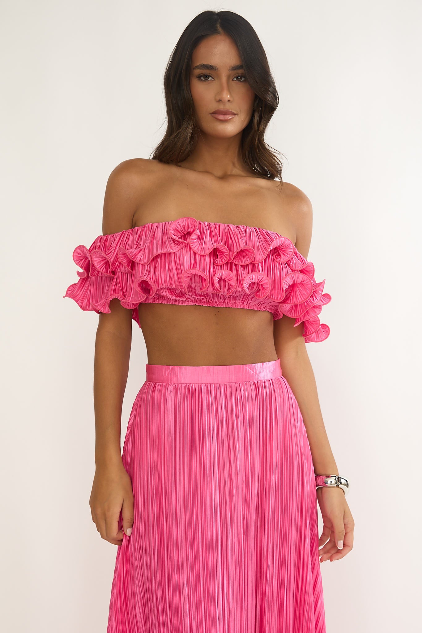 Amaria Off-Shoulder Lettuce Edge Crop Top Hot Pink by Selfie Leslie Australia