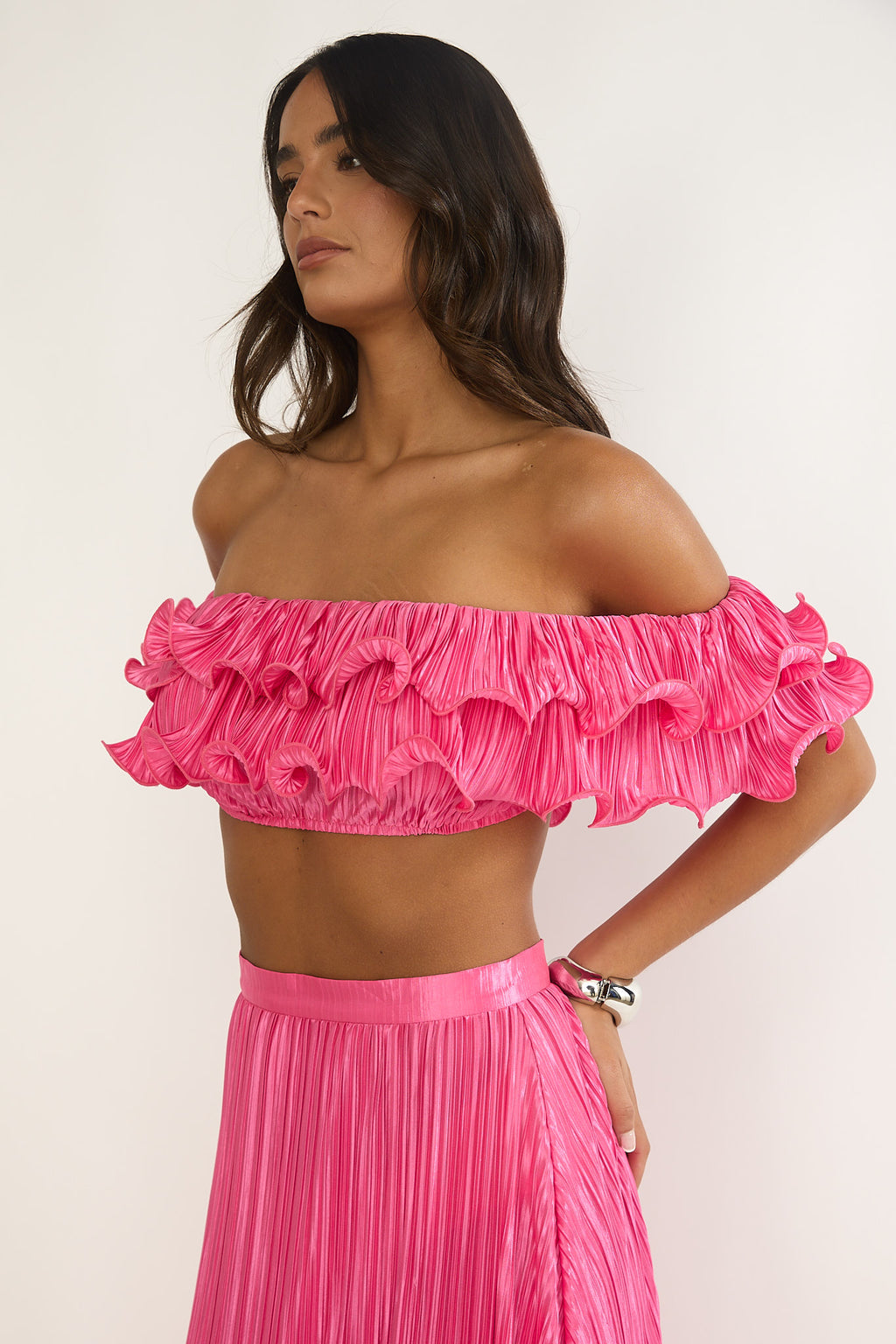Amaria Off-Shoulder Lettuce Edge Crop Top Hot Pink by Selfie Leslie Australia