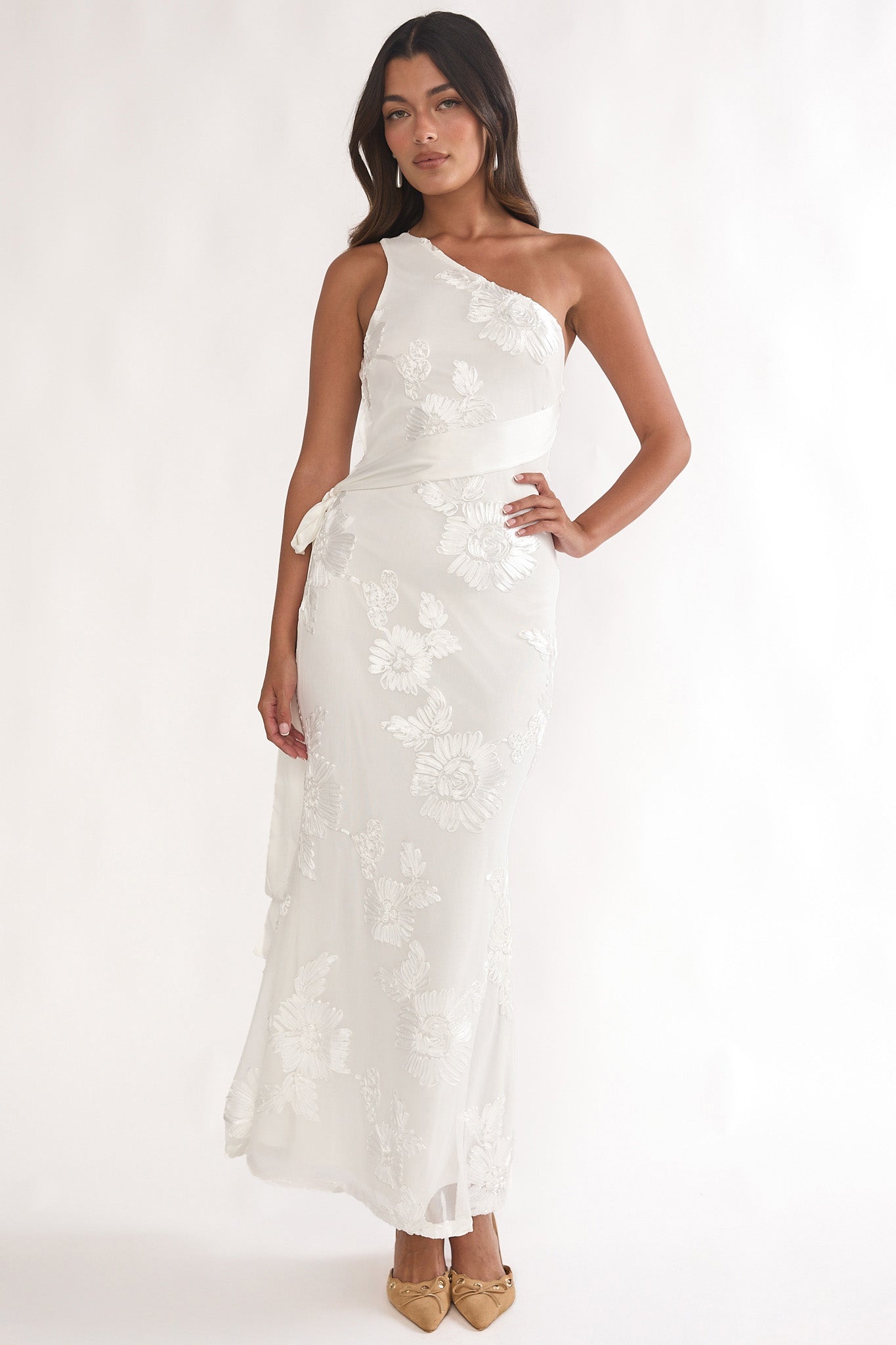 Kairi One-Shoulder Sash Maxi Dress White by Selfie Leslie Australia