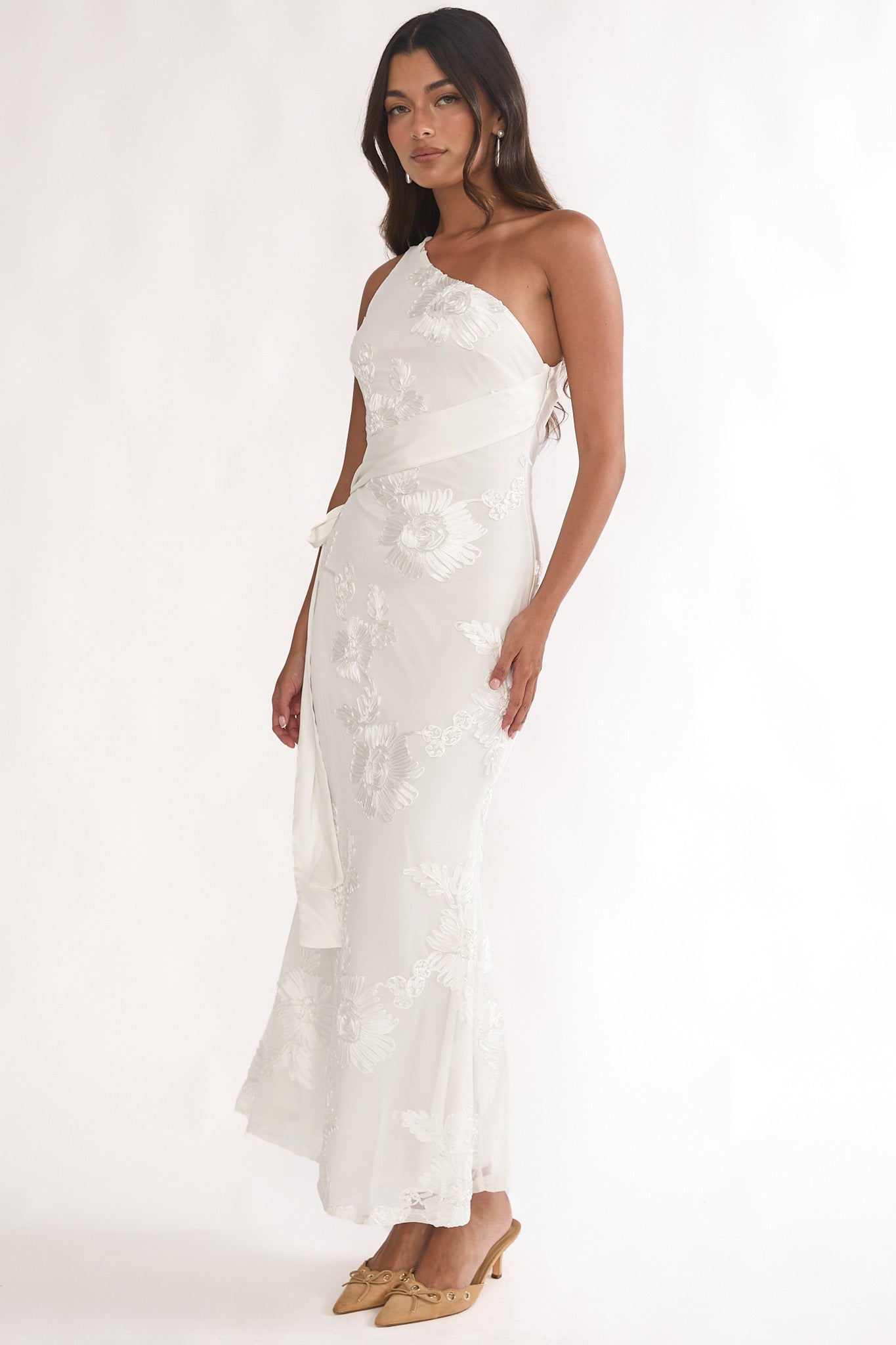 Kairi One-Shoulder Sash Maxi Dress White by Selfie Leslie Australia