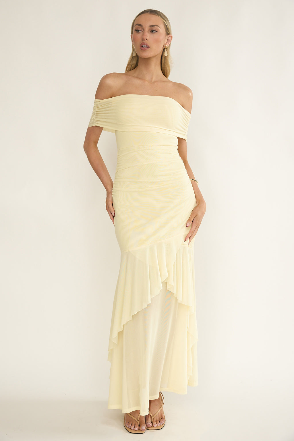 Kiarna Off-Shoulder Mesh Maxi Dress Butter by Selfie Leslie Australia