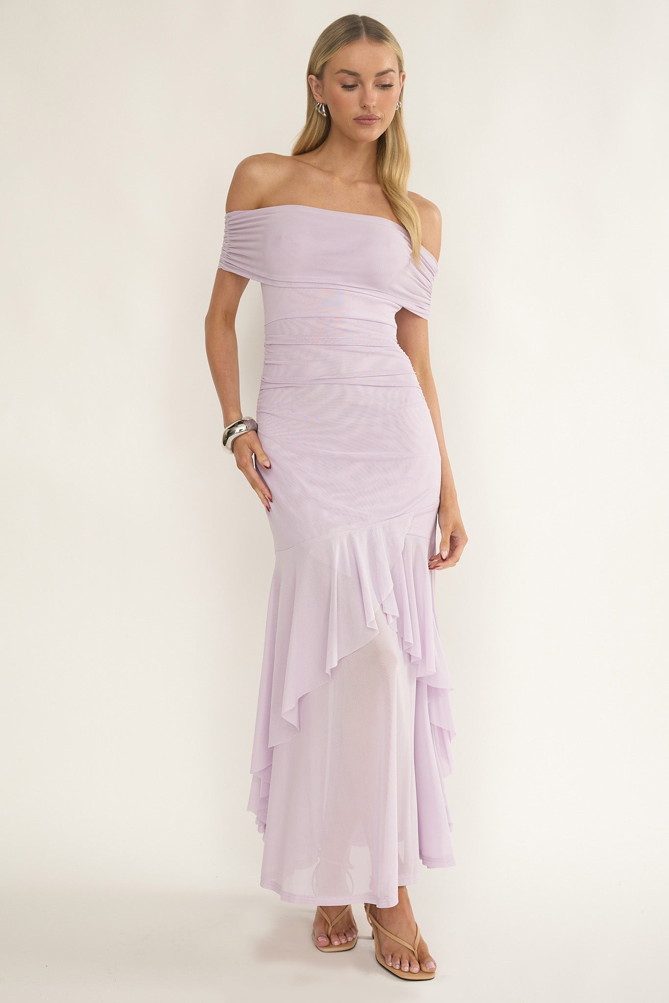 Kiarna Off-Shoulder Mesh Maxi Dress Lilac by Selfie Leslie Australia