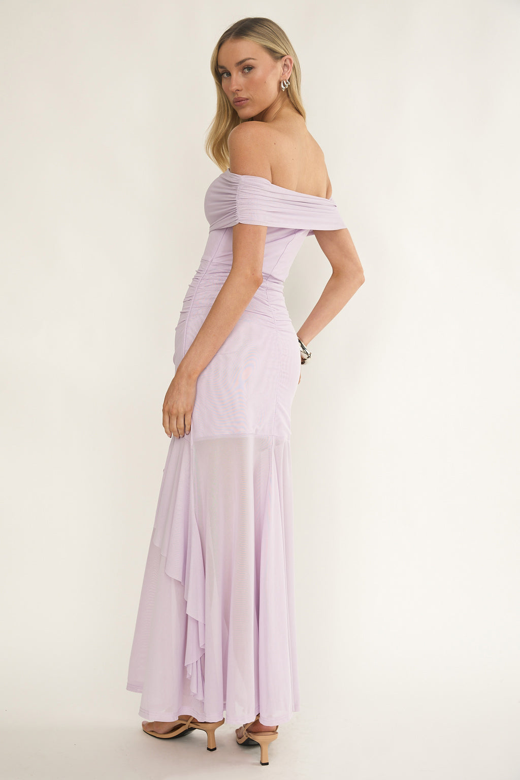 Kiarna Off-Shoulder Mesh Maxi Dress Lilac by Selfie Leslie Australia