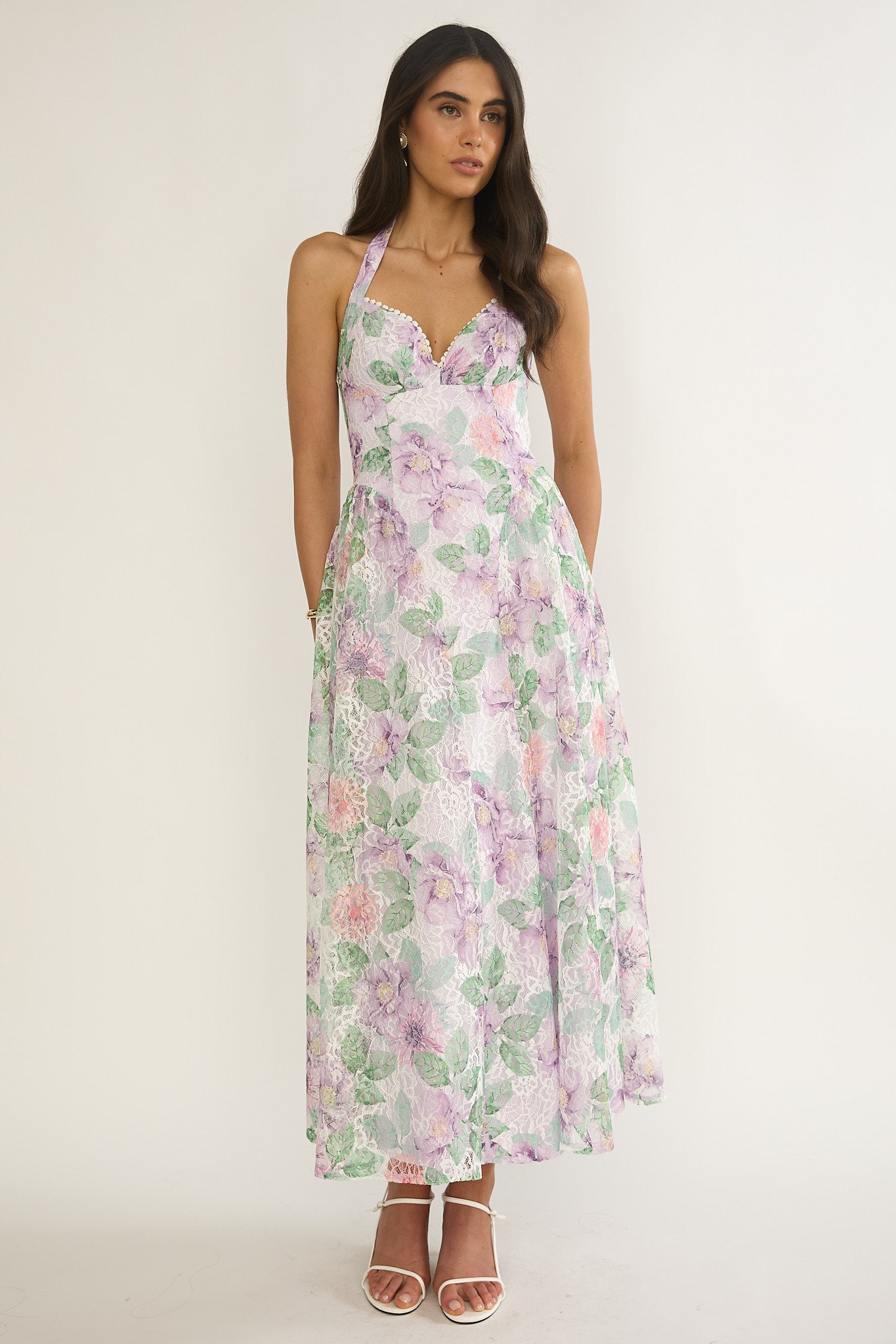 Florent Sweetheart Halterneck Maxi Dress Lace Lilac by Selfie Leslie Australia