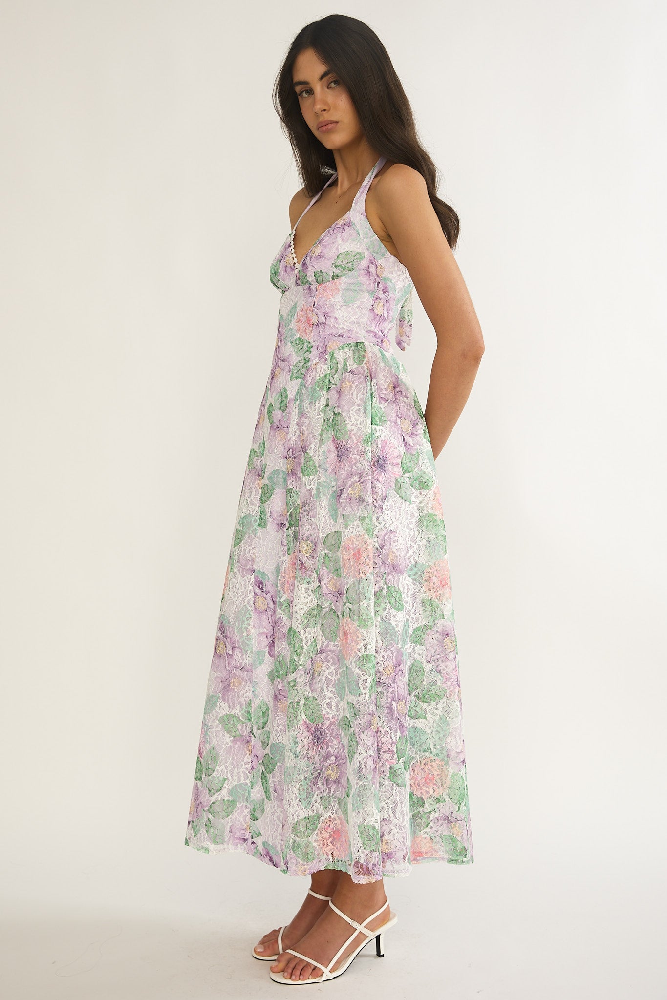Florent Sweetheart Halterneck Maxi Dress Lace Lilac by Selfie Leslie Australia