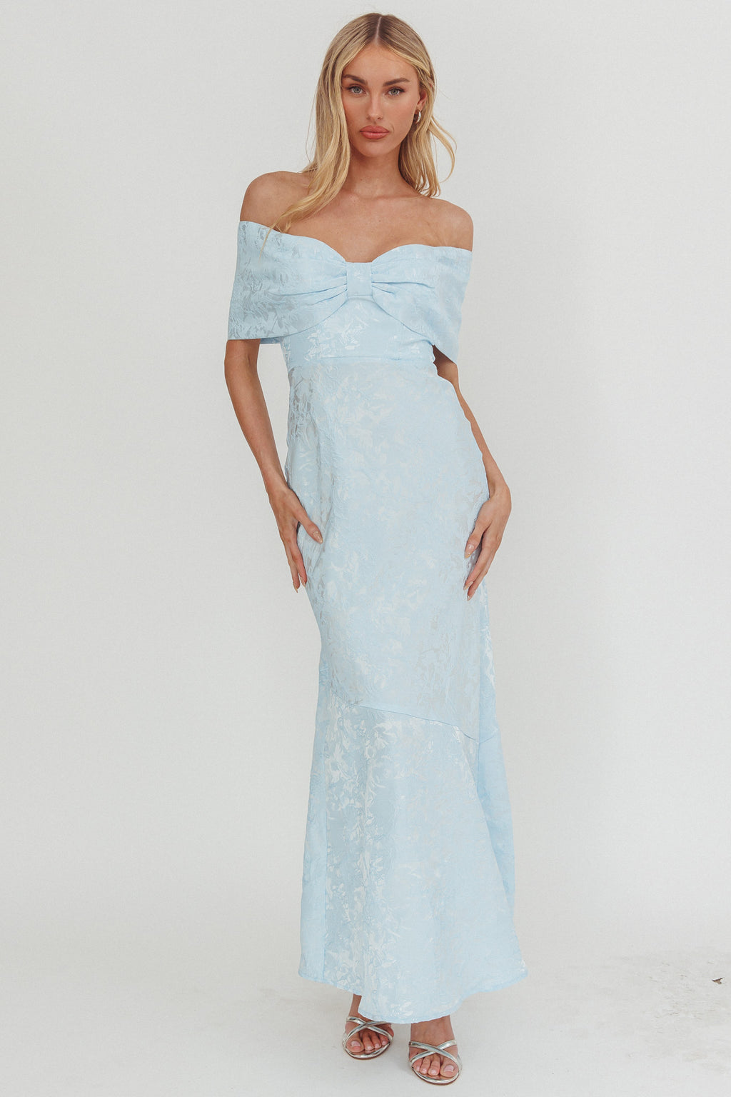 Fairytales Off-Shoulder Jacquard Maxi Dress Blue by Selfie Leslie Australia