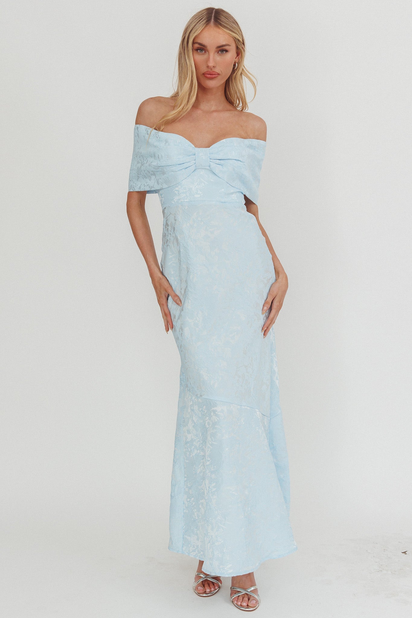 Fairytales Off-Shoulder Jacquard Maxi Dress Blue by Selfie Leslie Australia